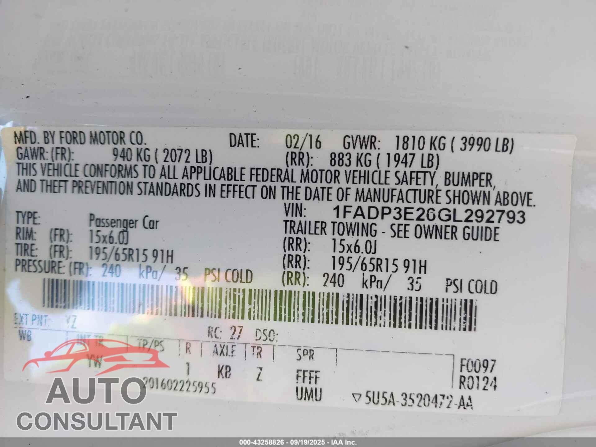 FORD FOCUS 2016 - 1FADP3E26GL292793