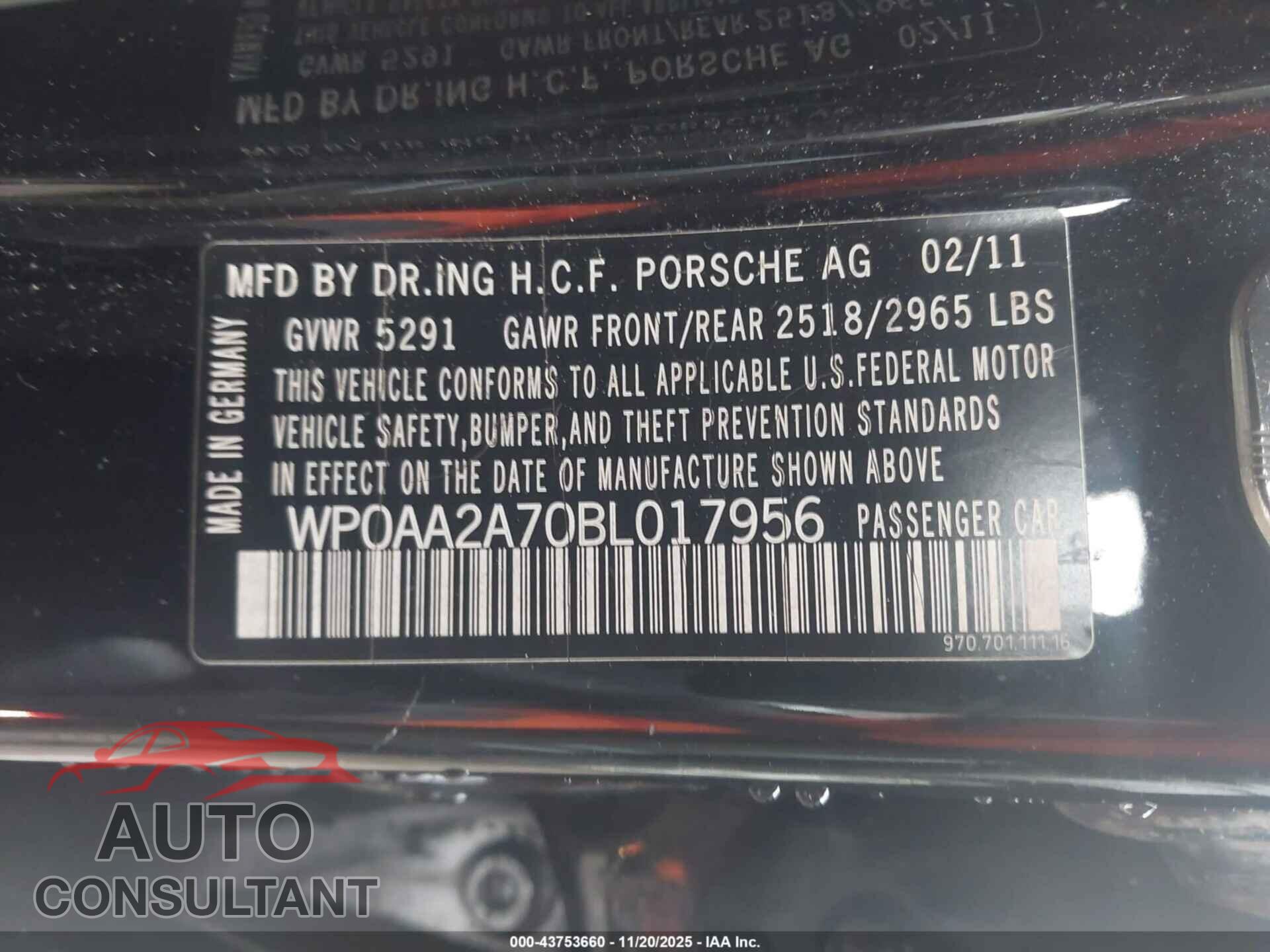 PORSCHE PANAMERA 2011 - WP0AA2A70BL017956