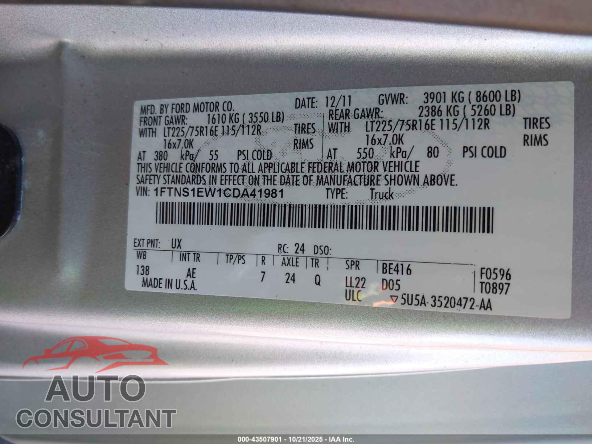 FORD E-150 2012 - 1FTNS1EW1CDA41981