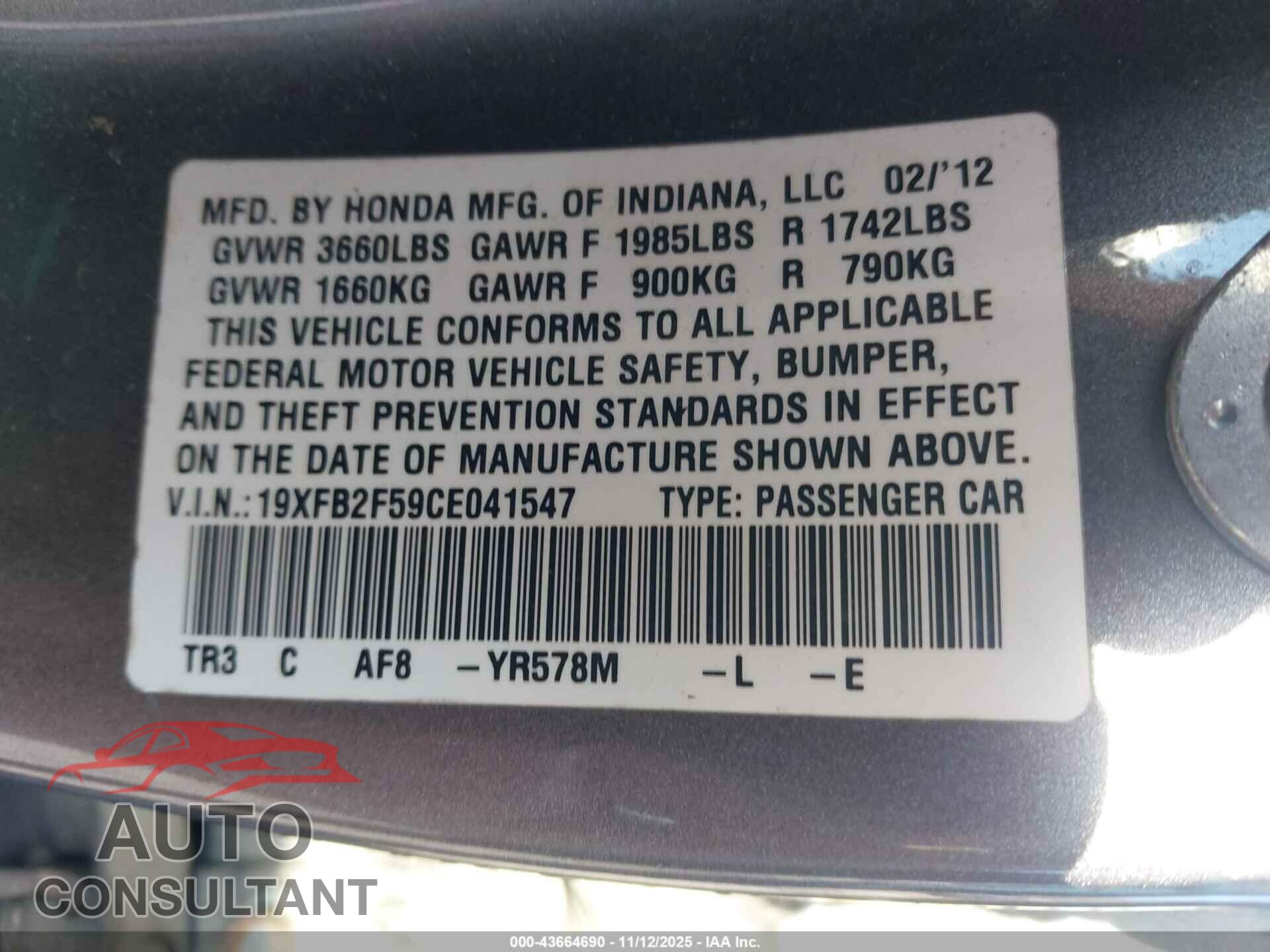 HONDA CIVIC 2012 - 19XFB2F59CE041547