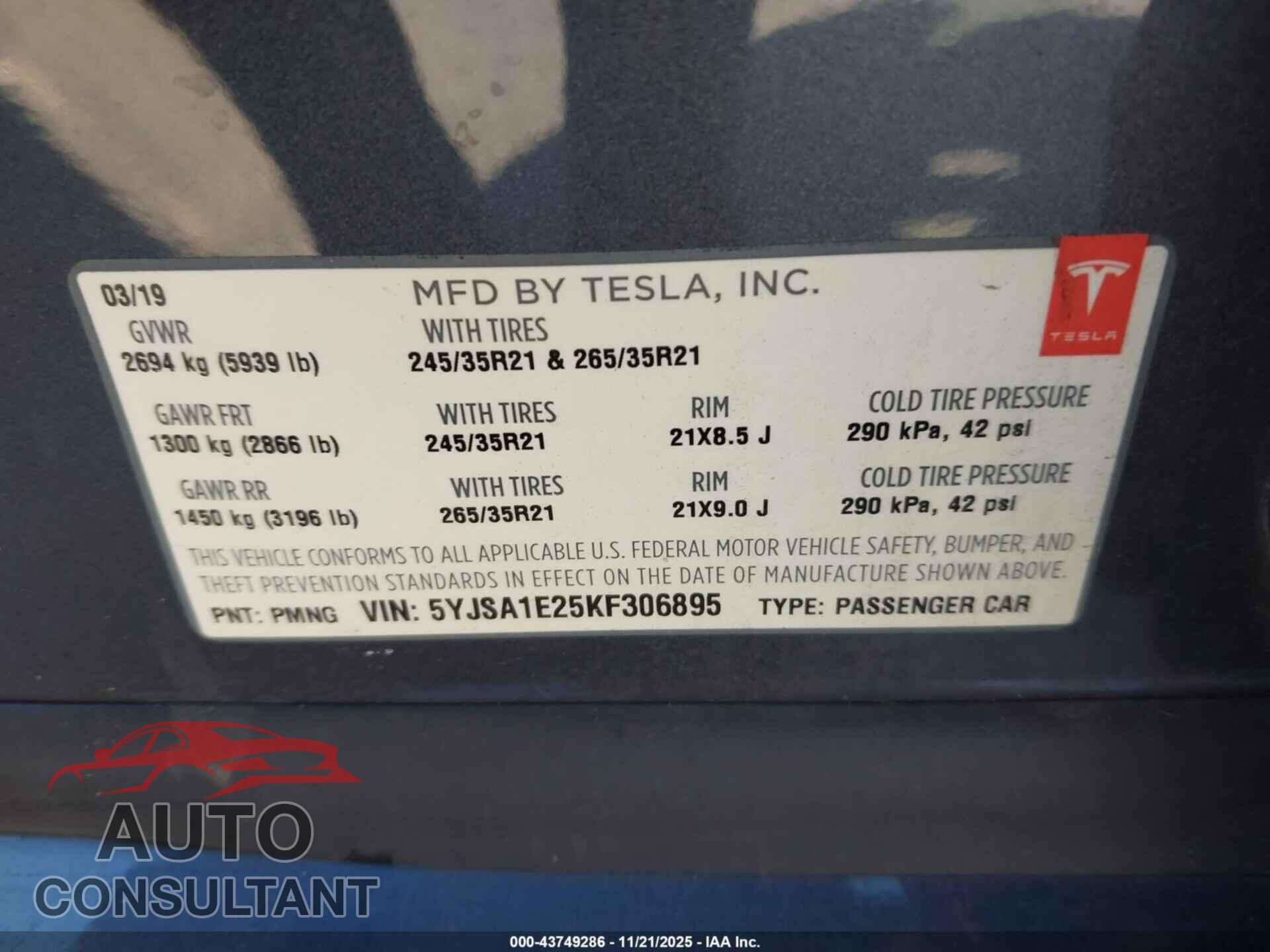 TESLA MODEL S 2019 - 5YJSA1E25KF306895