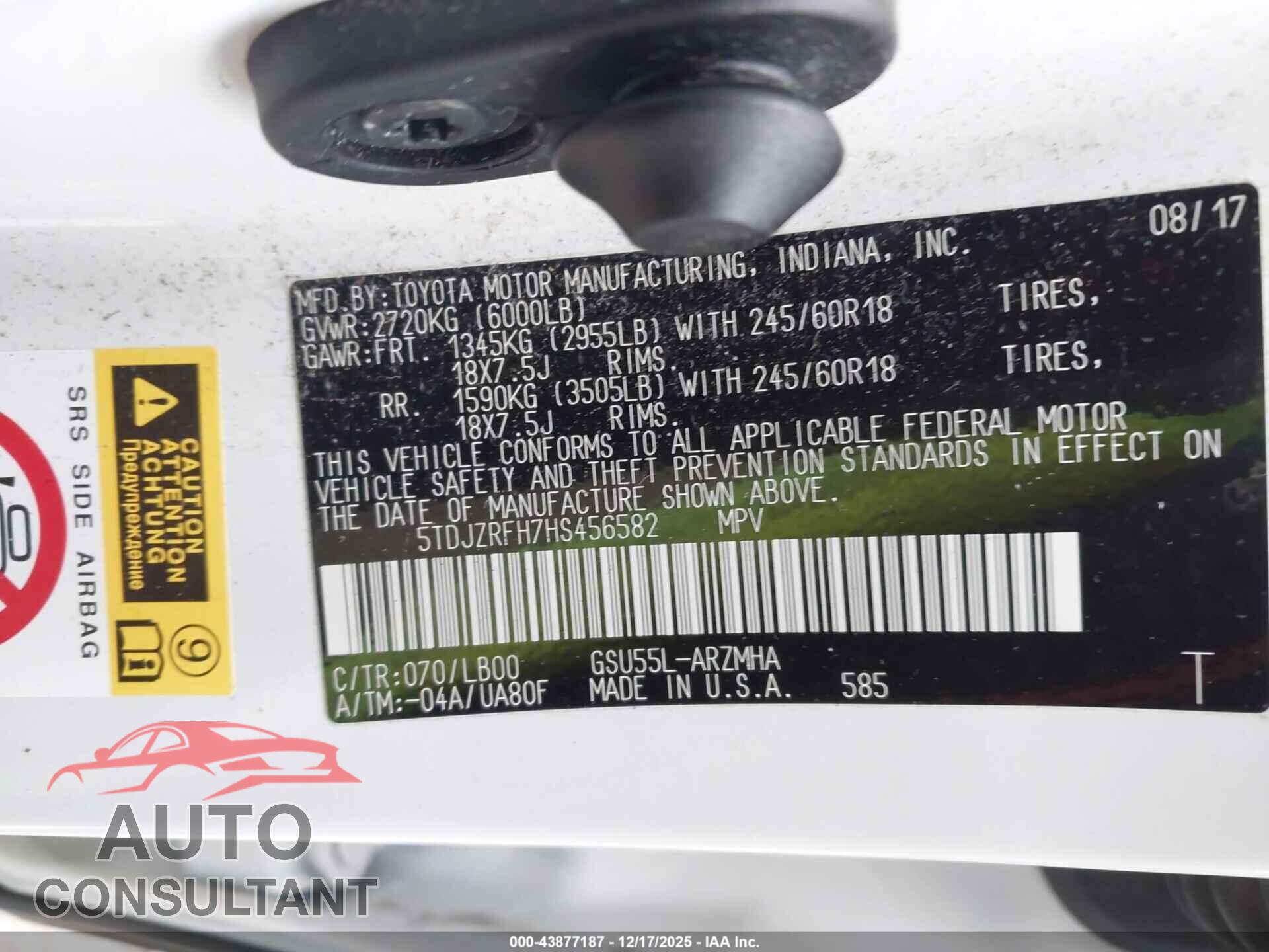 TOYOTA HIGHLANDER 2017 - 5TDJZRFH7HS456582