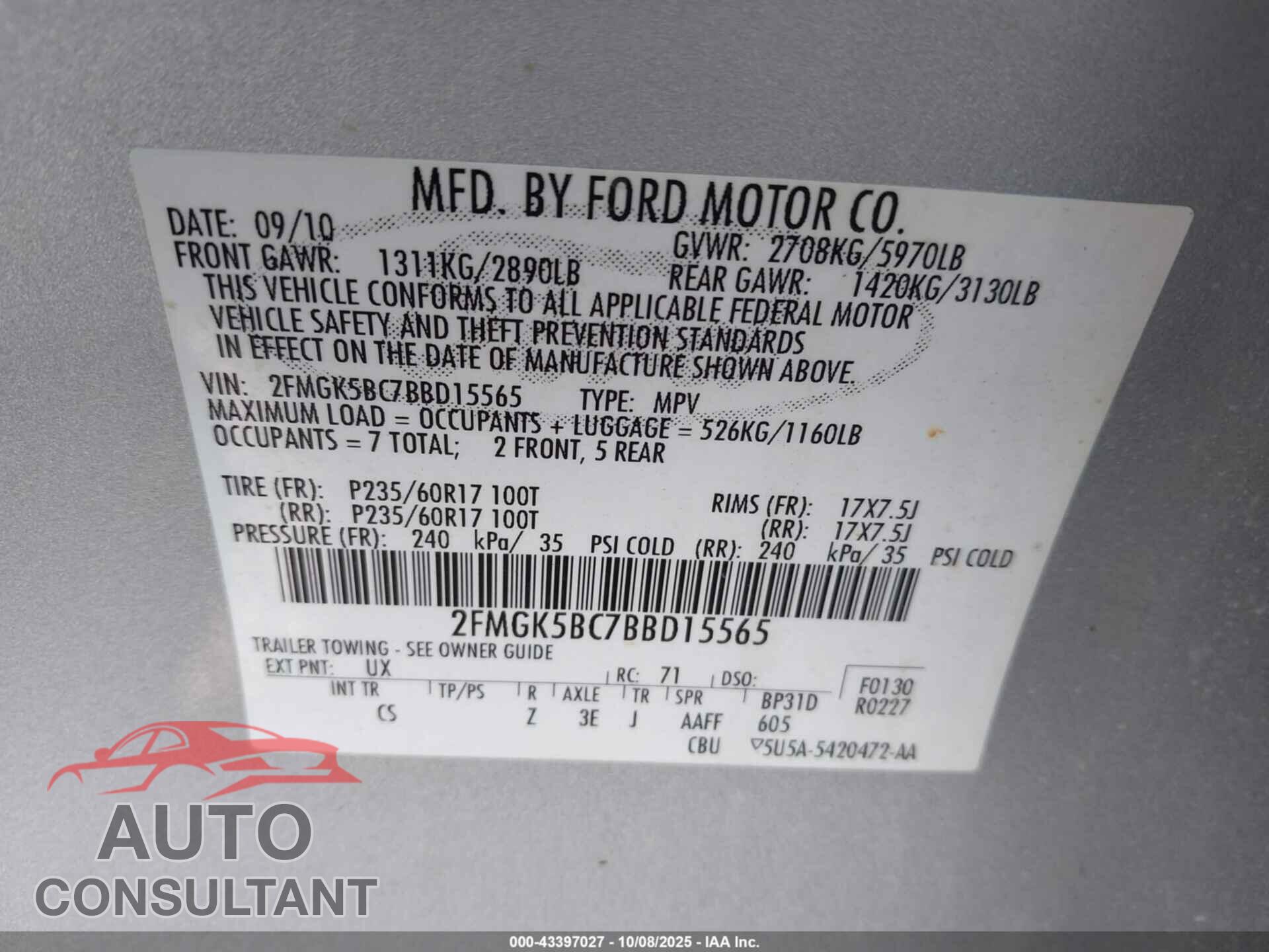 FORD FLEX 2011 - 2FMGK5BC7BBD15565