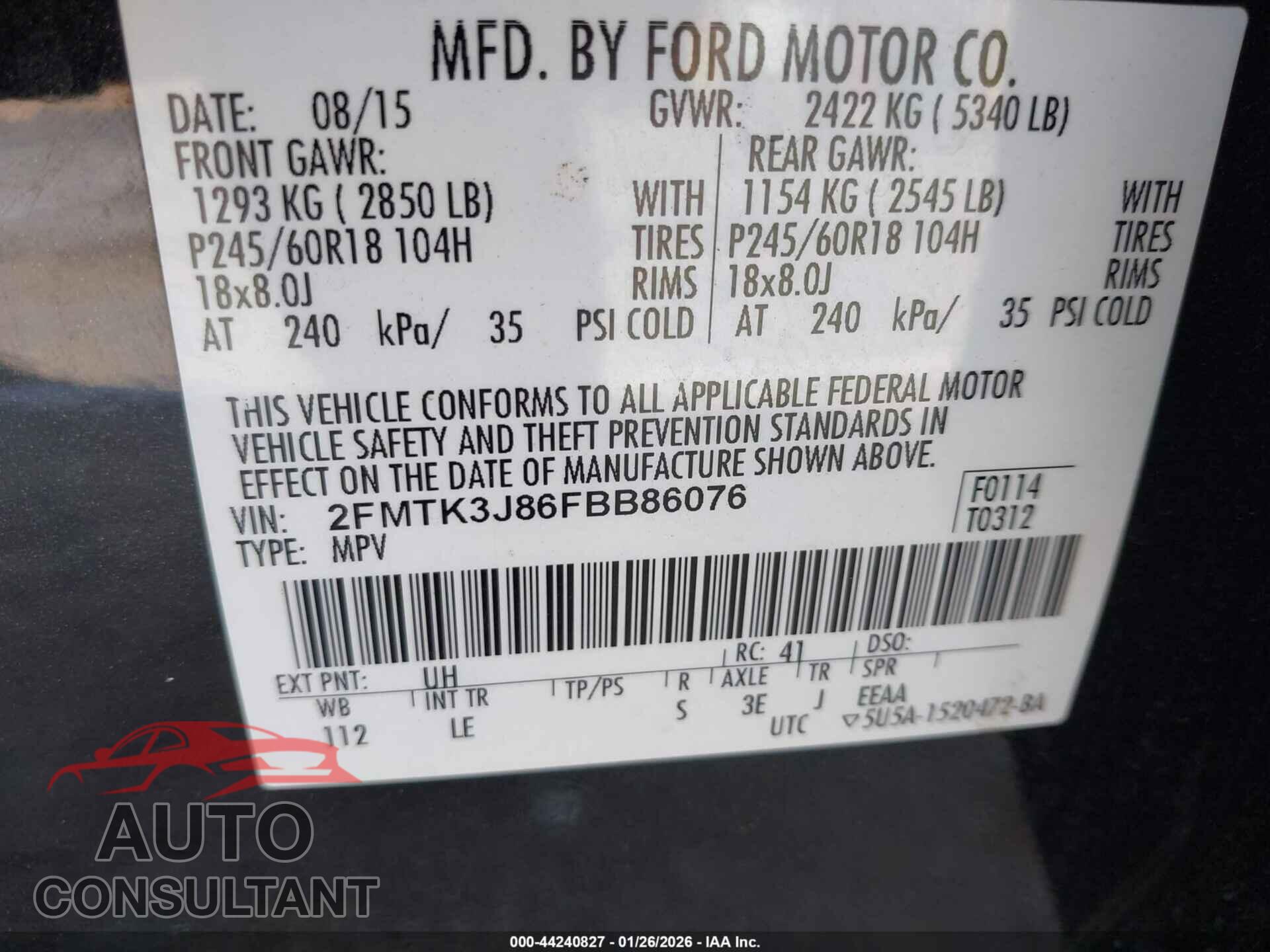 FORD EDGE 2015 - 2FMTK3J86FBB86076