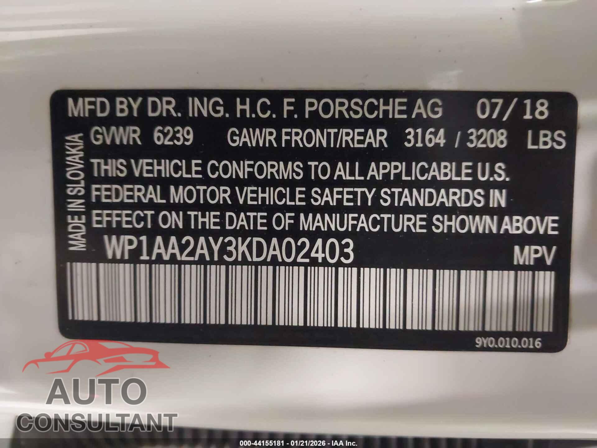 PORSCHE CAYENNE 2019 - WP1AA2AY3KDA02403