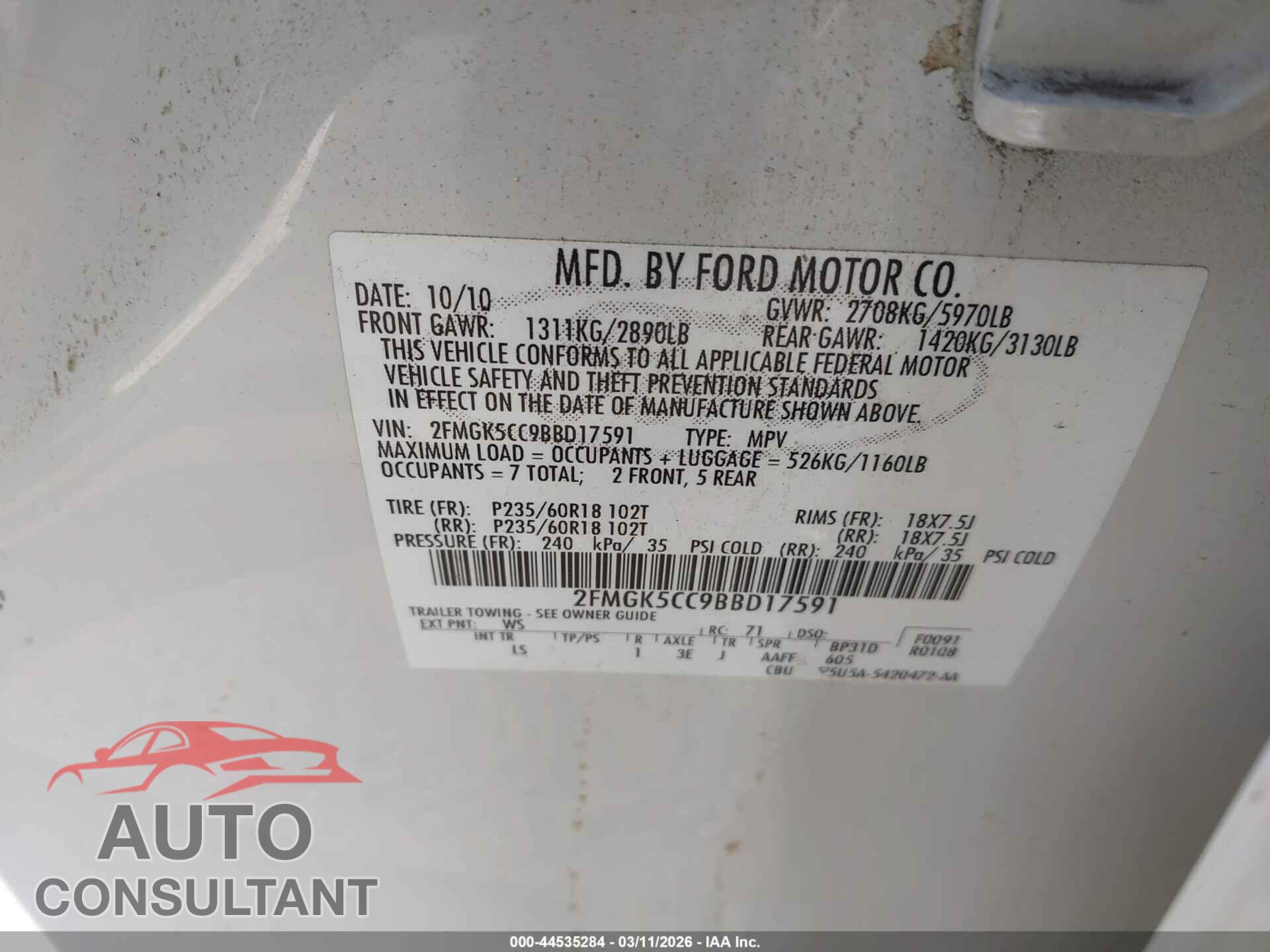 FORD FLEX 2011 - 2FMGK5CC9BBD17591