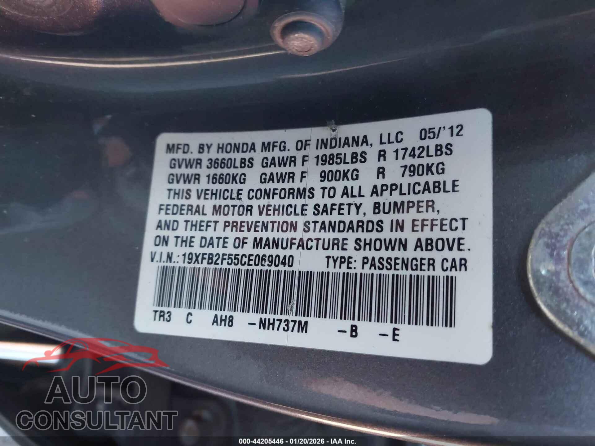 HONDA CIVIC 2012 - 19XFB2F55CE069040