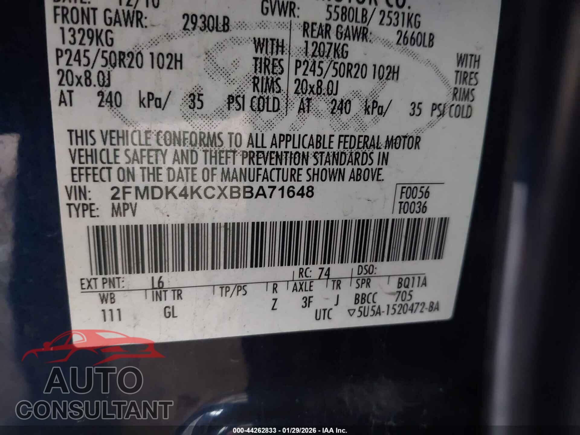 FORD EDGE 2011 - 2FMDK4KCXBBA71648