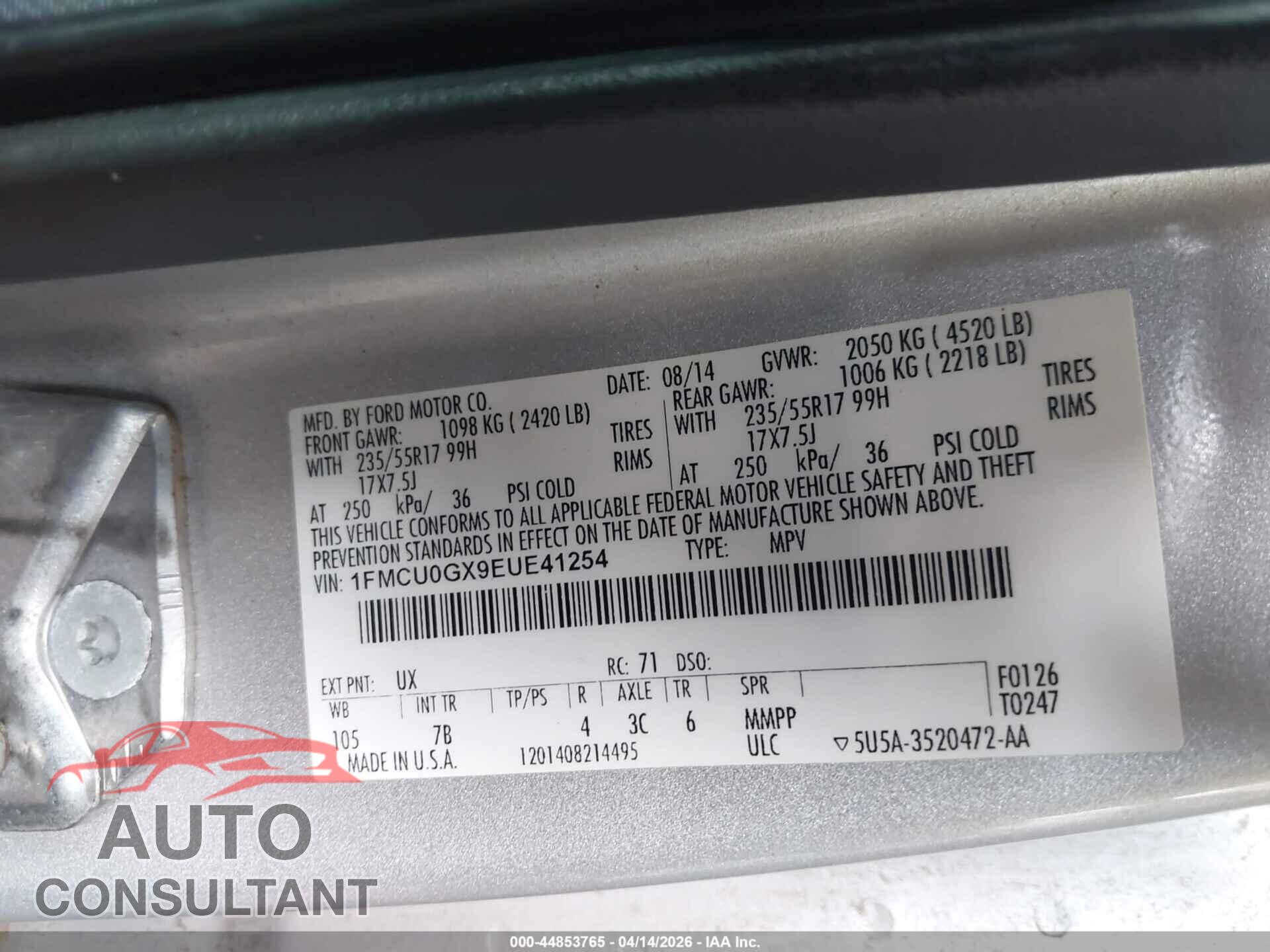FORD ESCAPE 2014 - 1FMCU0GX9EUE41254