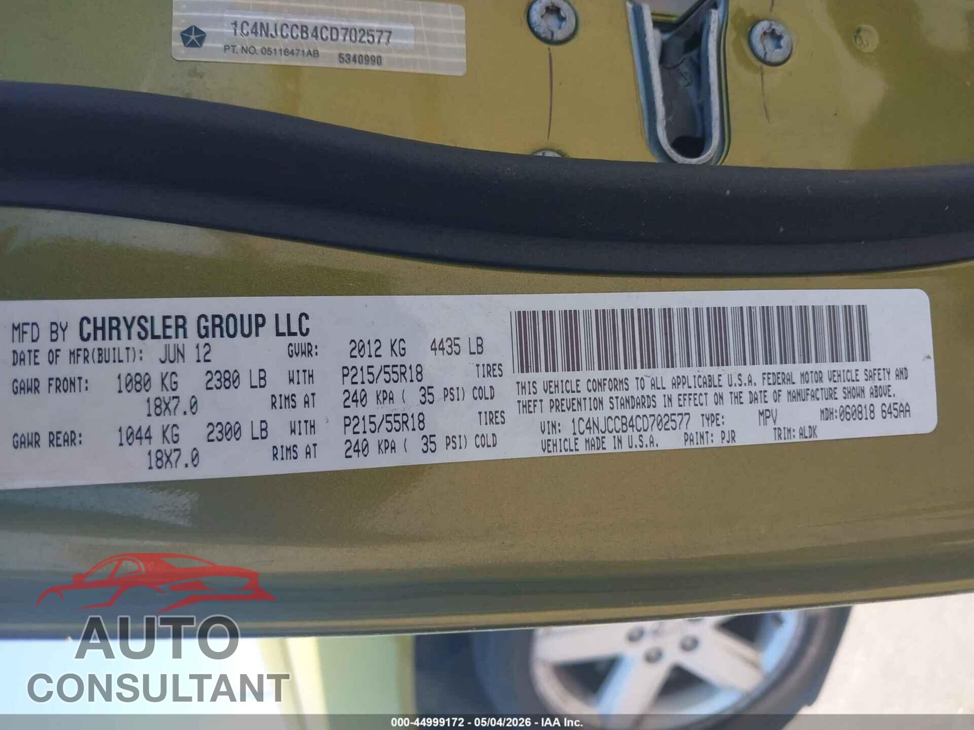 JEEP COMPASS 2012 - 1C4NJCCB4CD702577
