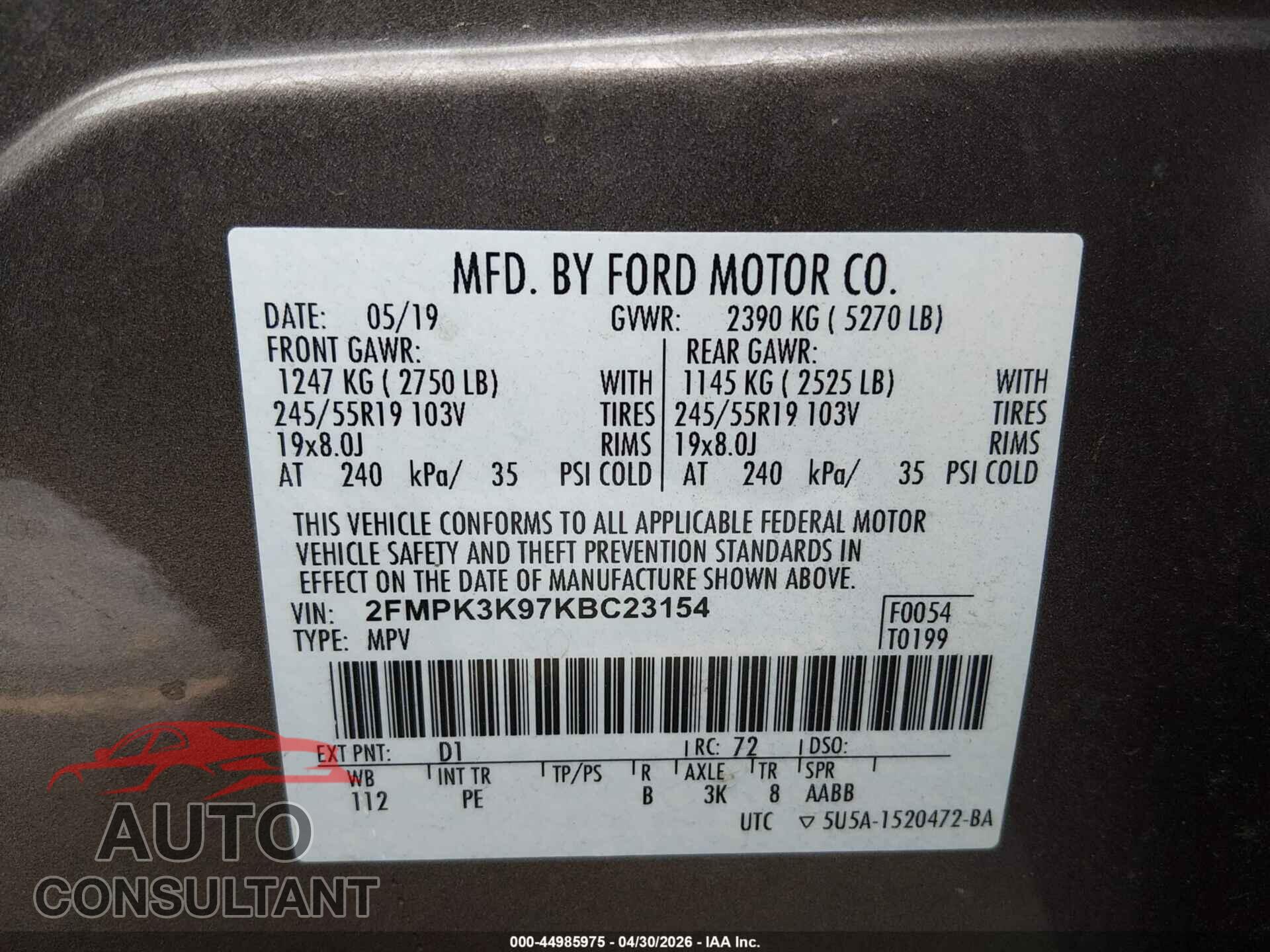 FORD EDGE 2019 - 2FMPK3K97KBC23154