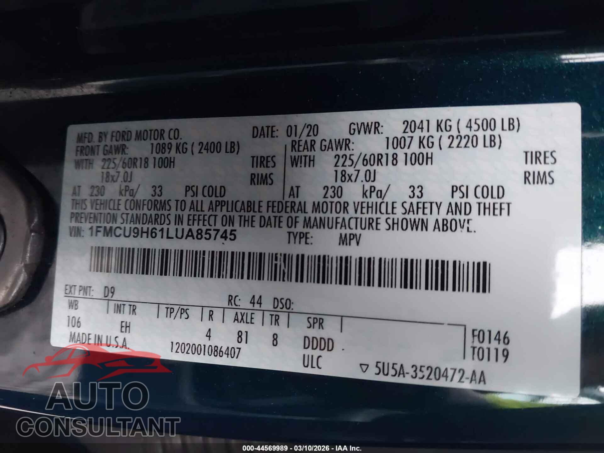 FORD ESCAPE 2020 - 1FMCU9H61LUA85745