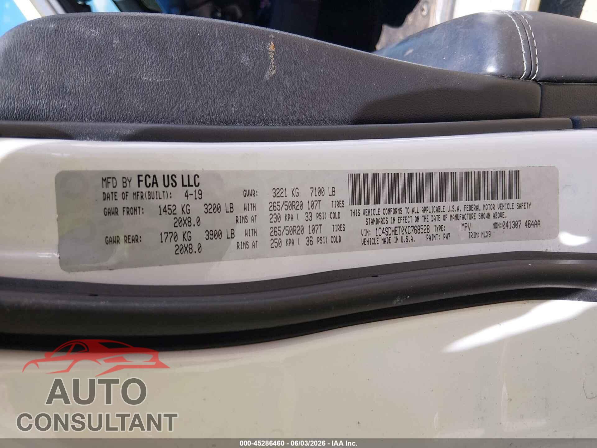DODGE DURANGO 2019 - 1C4SDHET0KC768528