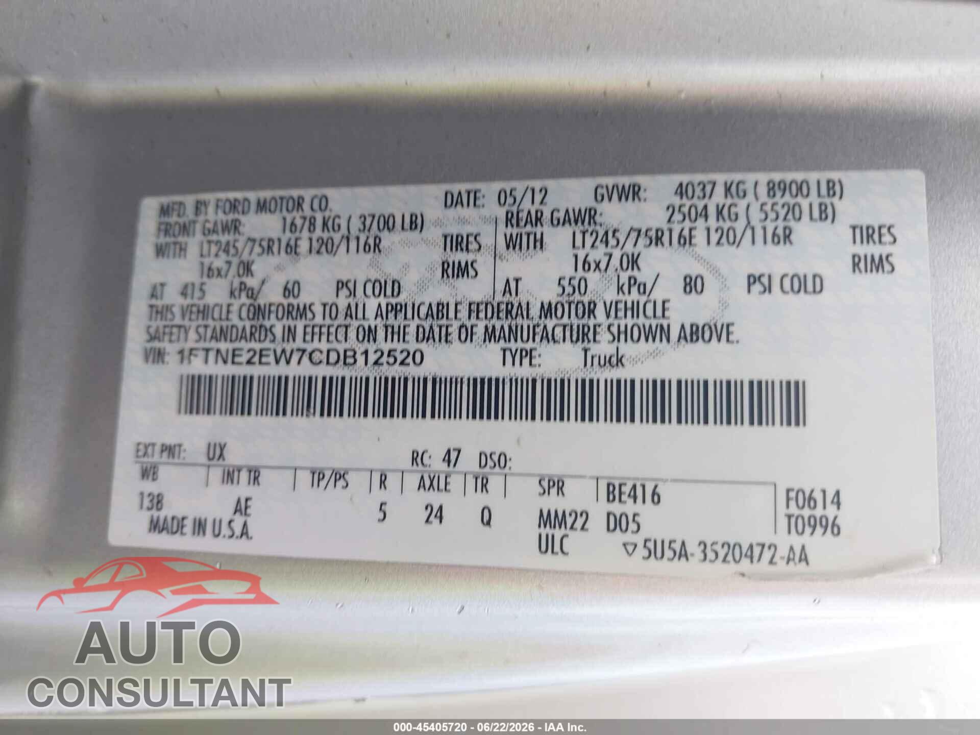 FORD E-250 2012 - 1FTNE2EW7CDB12520