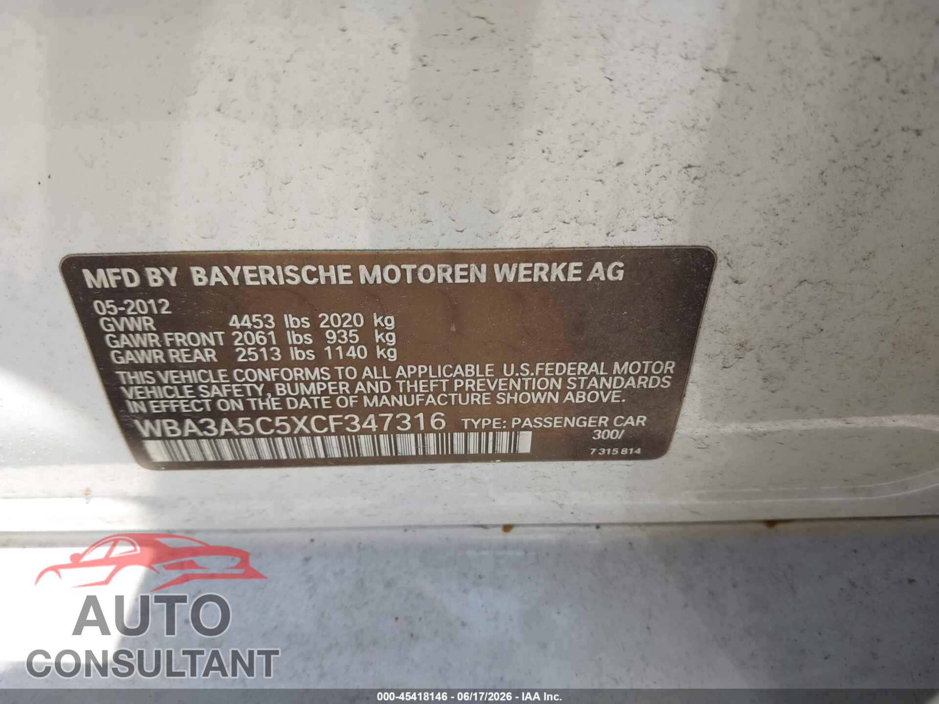 BMW 328I 2012 - WBA3A5C5XCF347316