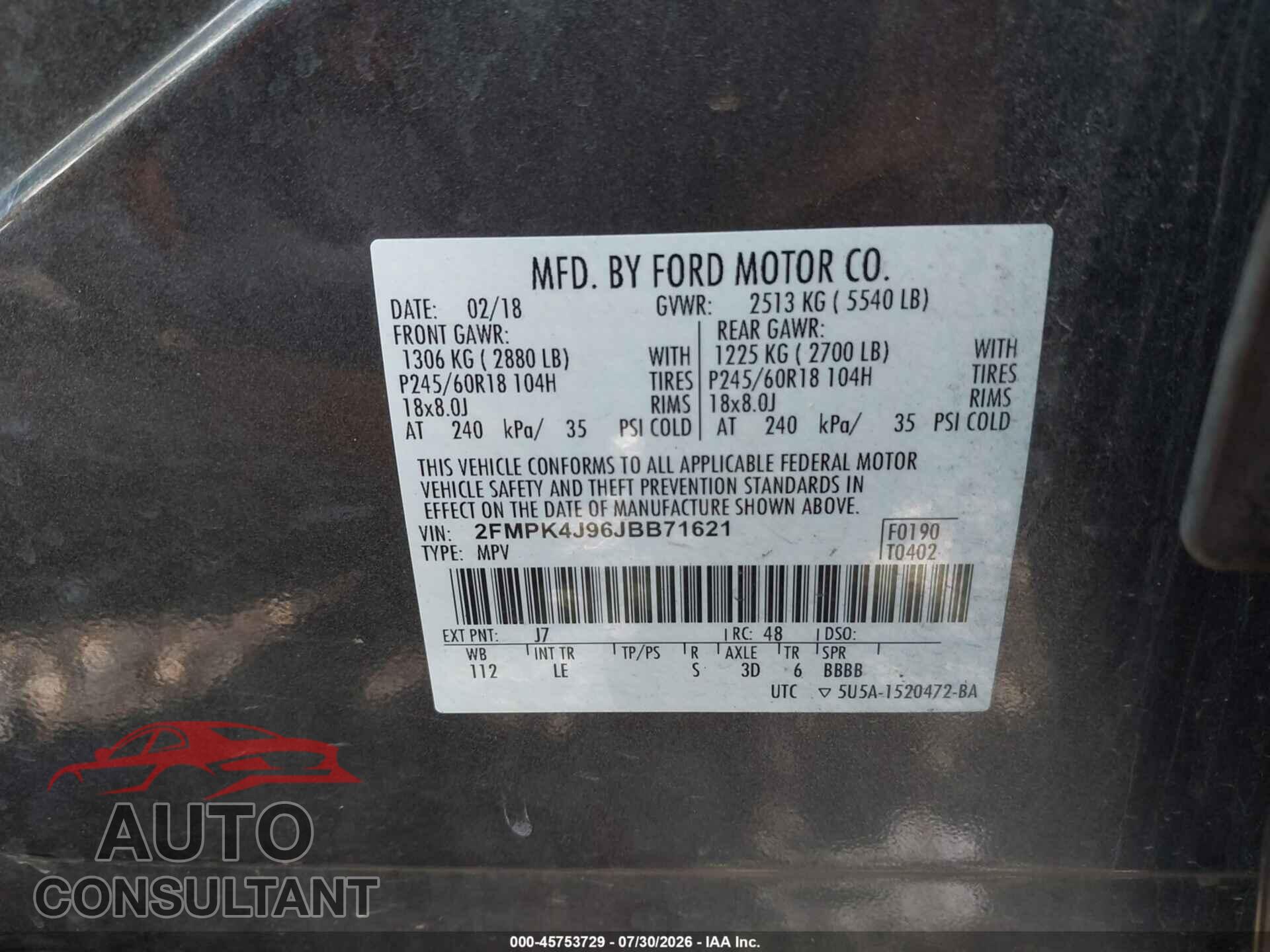 FORD EDGE 2018 - 2FMPK4J96JBB71621