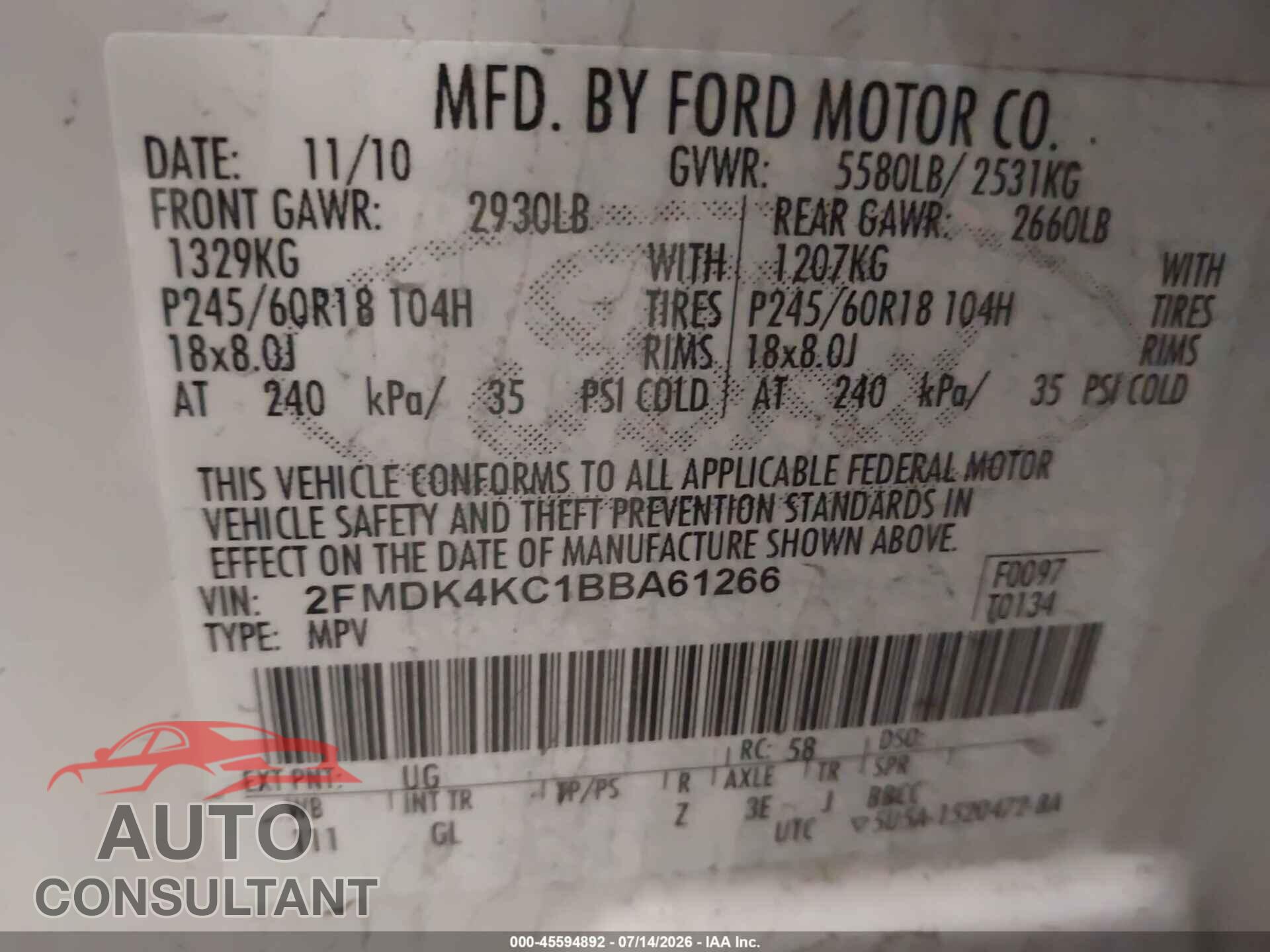 FORD EDGE 2011 - 2FMDK4KC1BBA61266