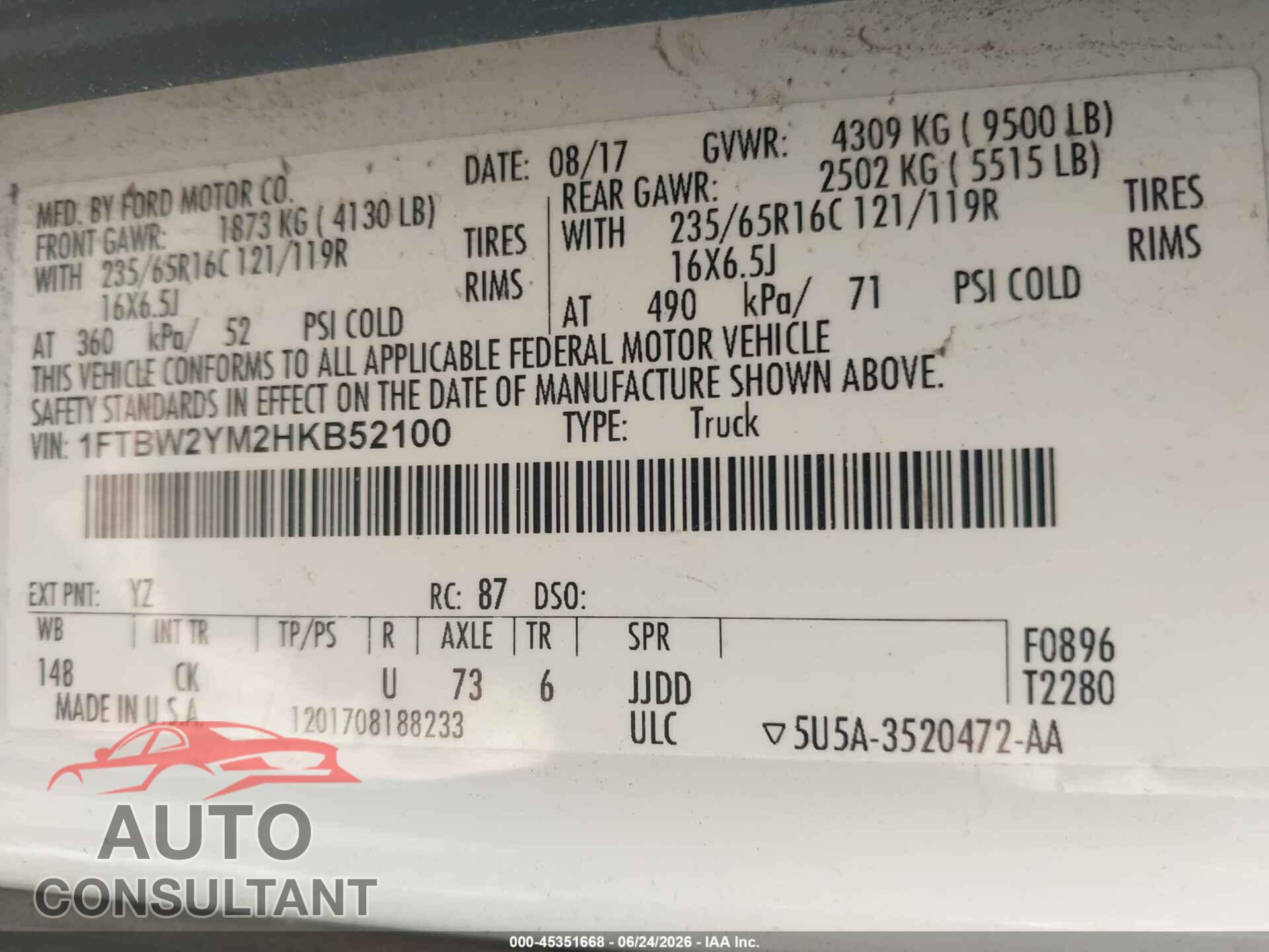 FORD TRANSIT-350 2017 - 1FTBW2YM2HKB52100
