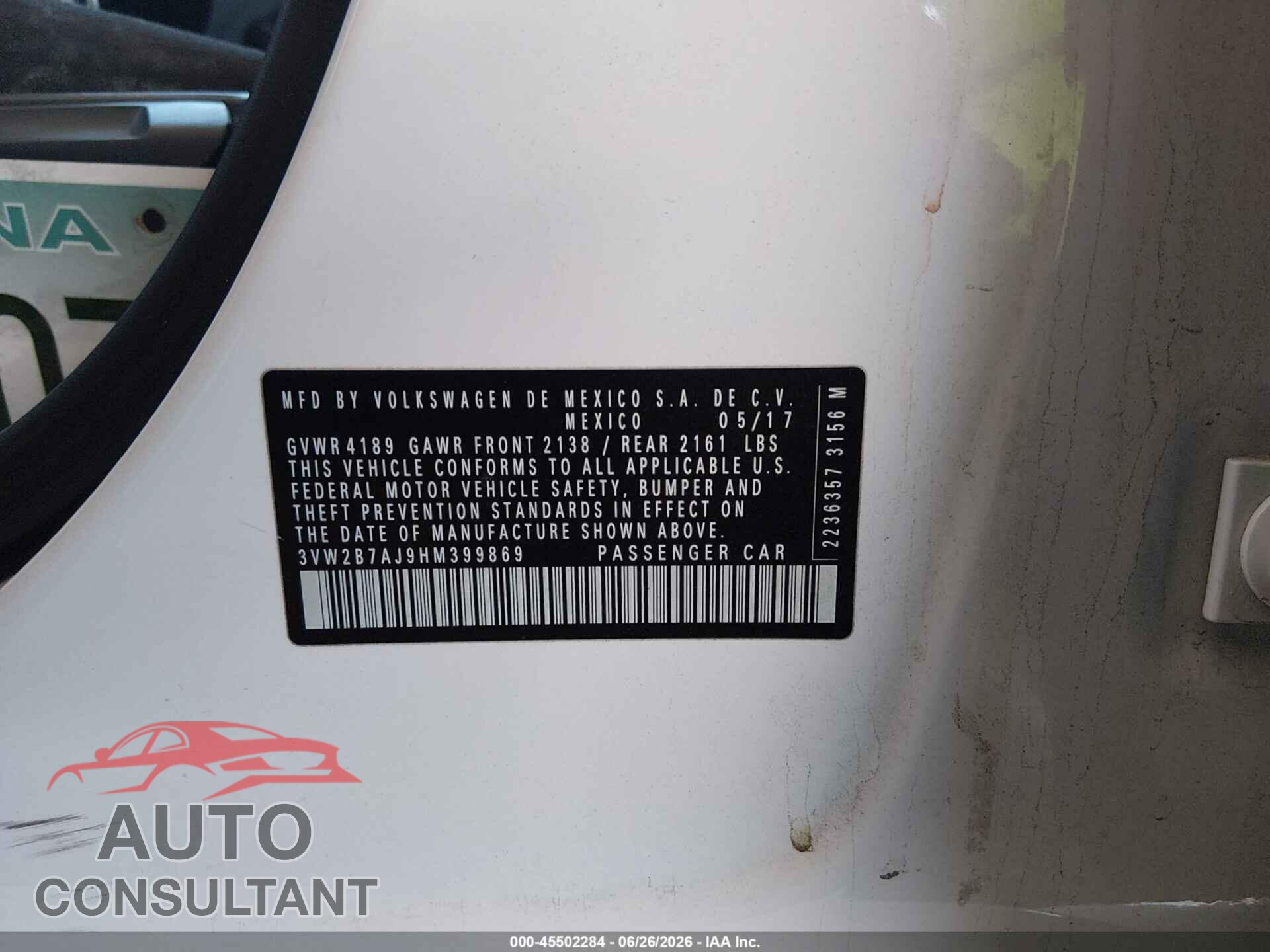 VOLKSWAGEN JETTA 2017 - 3VW2B7AJ9HM399869