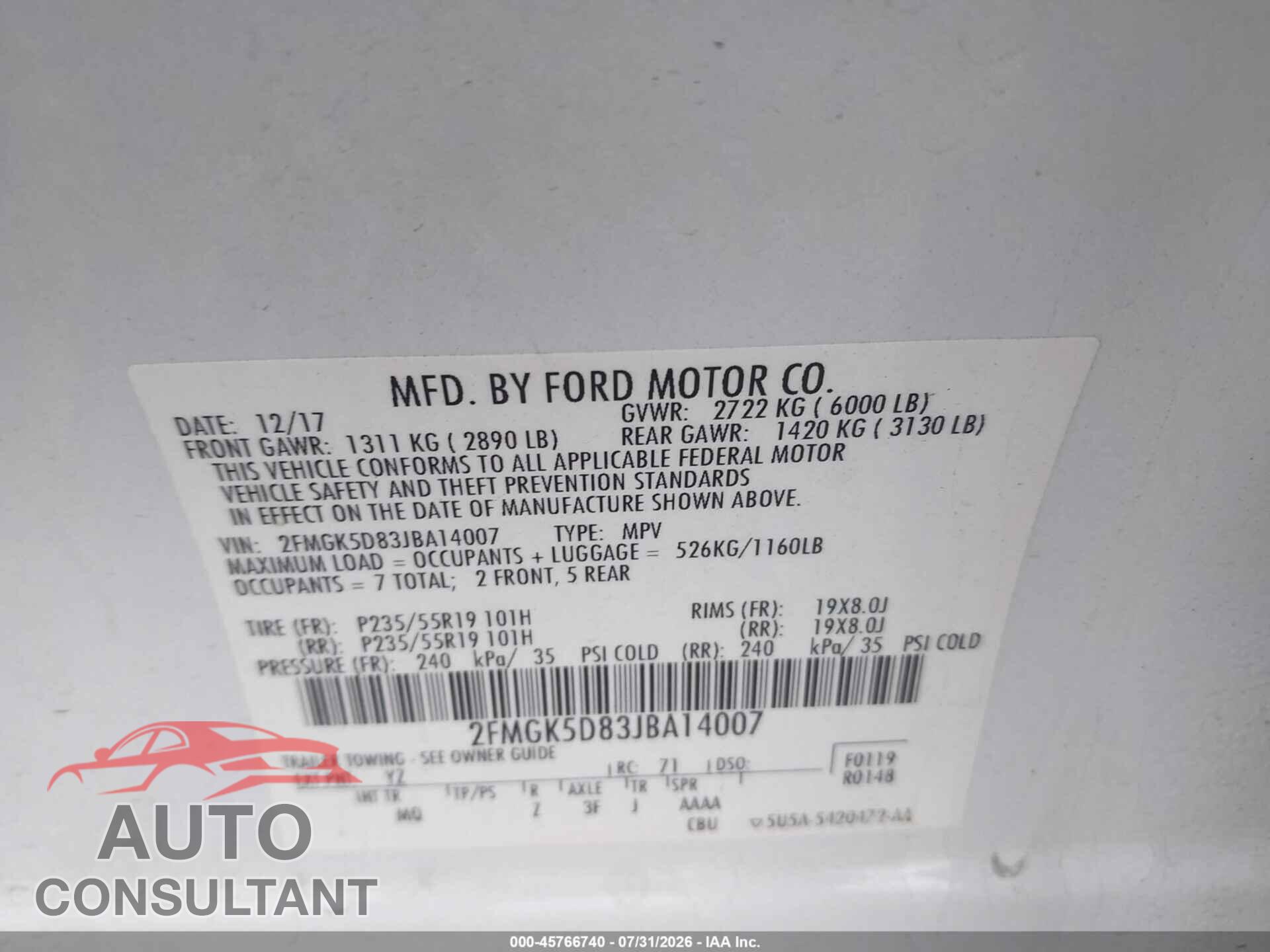 FORD FLEX 2018 - 2FMGK5D83JBA14007