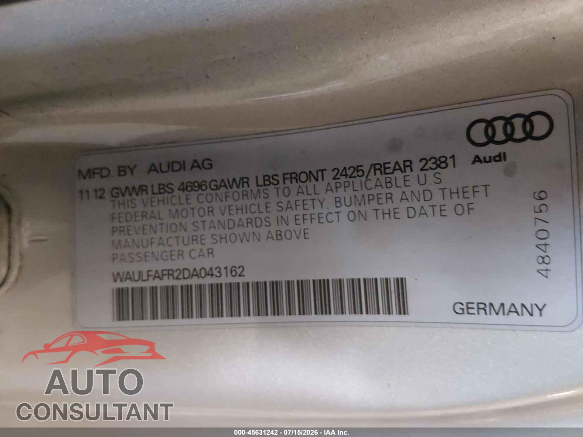 AUDI A5 2013 - WAULFAFR2DA043162