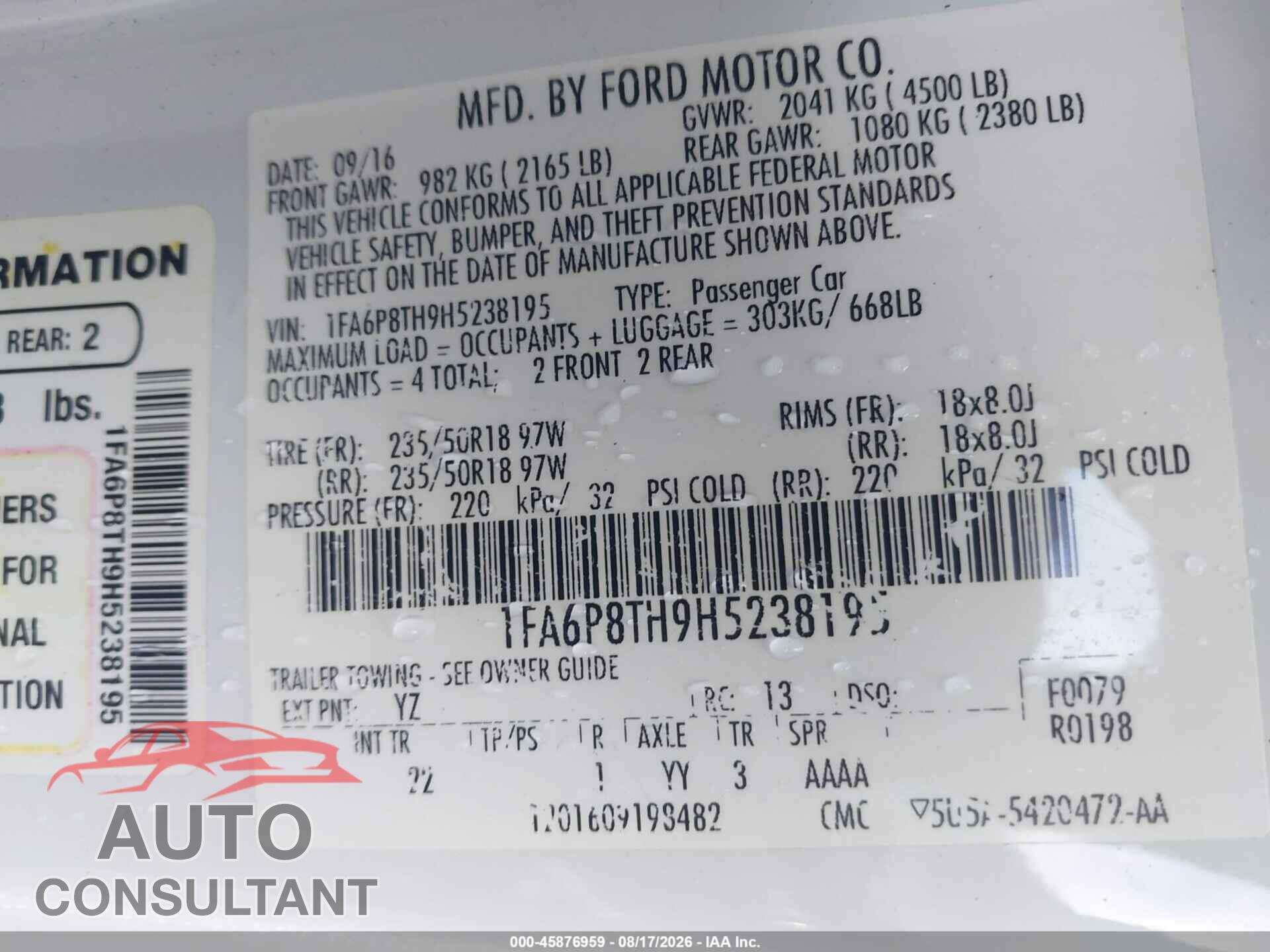 FORD MUSTANG 2017 - 1FA6P8TH9H5238195