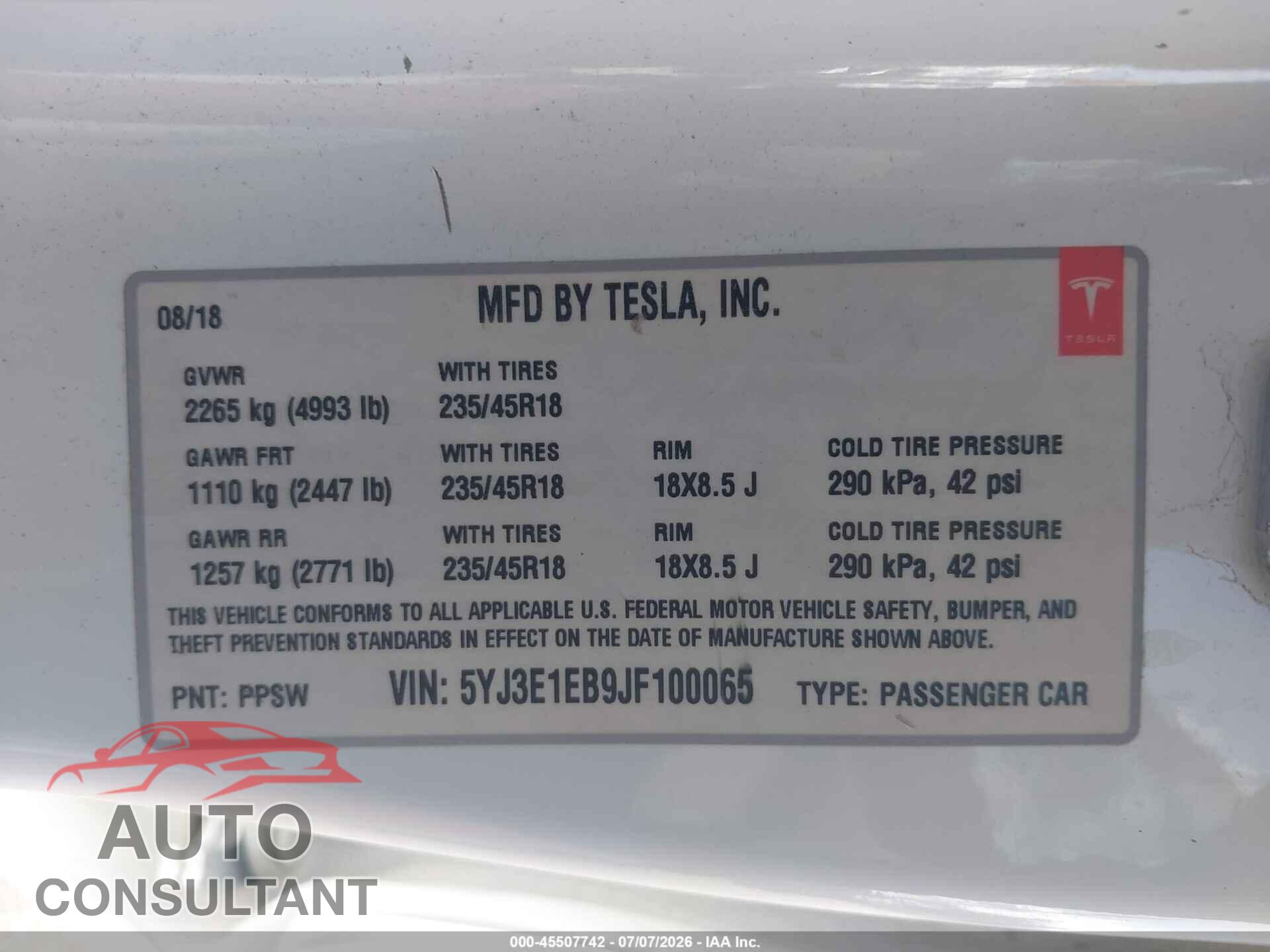 TESLA MODEL 3 2018 - 5YJ3E1EB9JF100065
