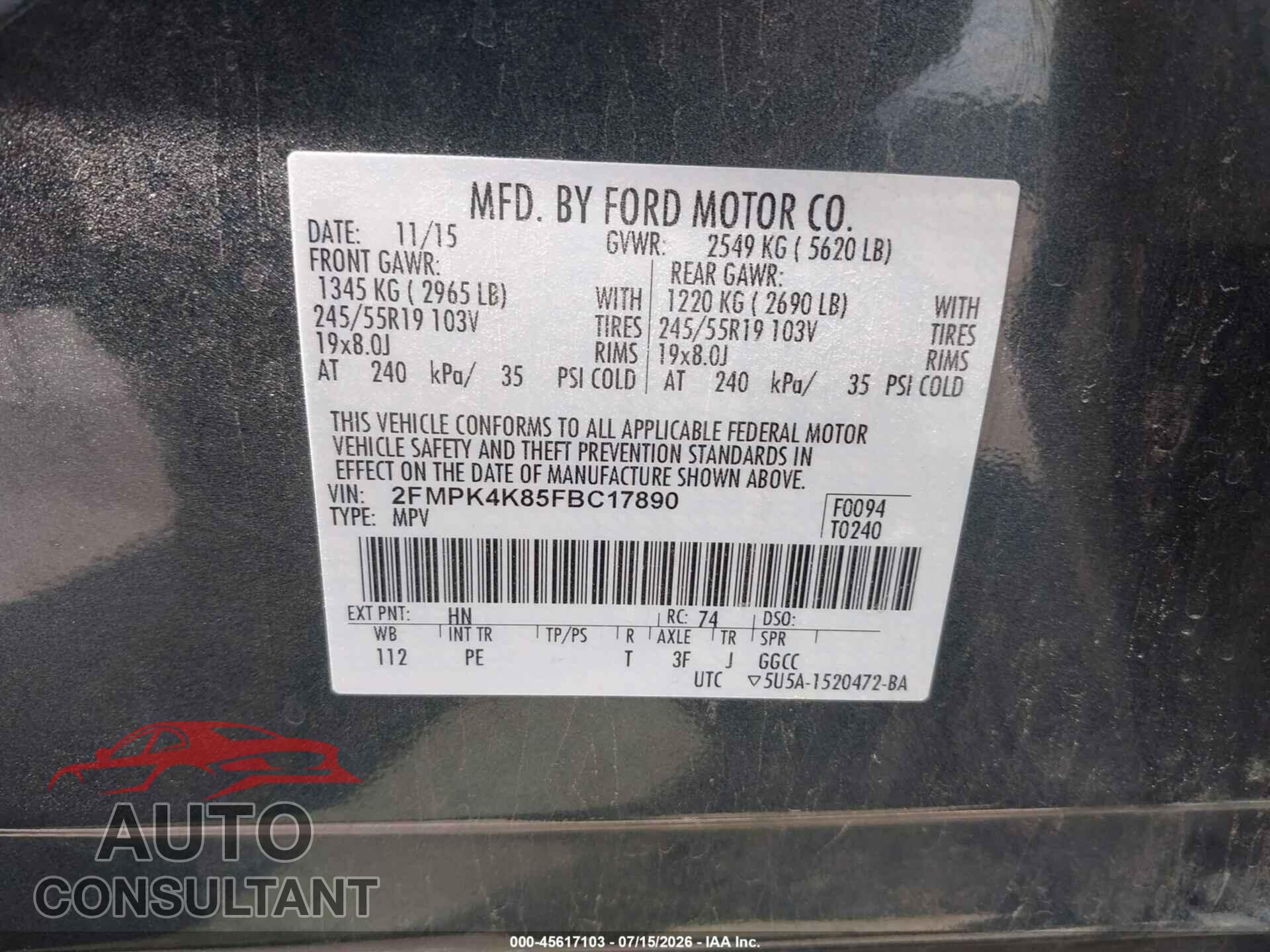 FORD EDGE 2015 - 2FMPK4K85FBC17890