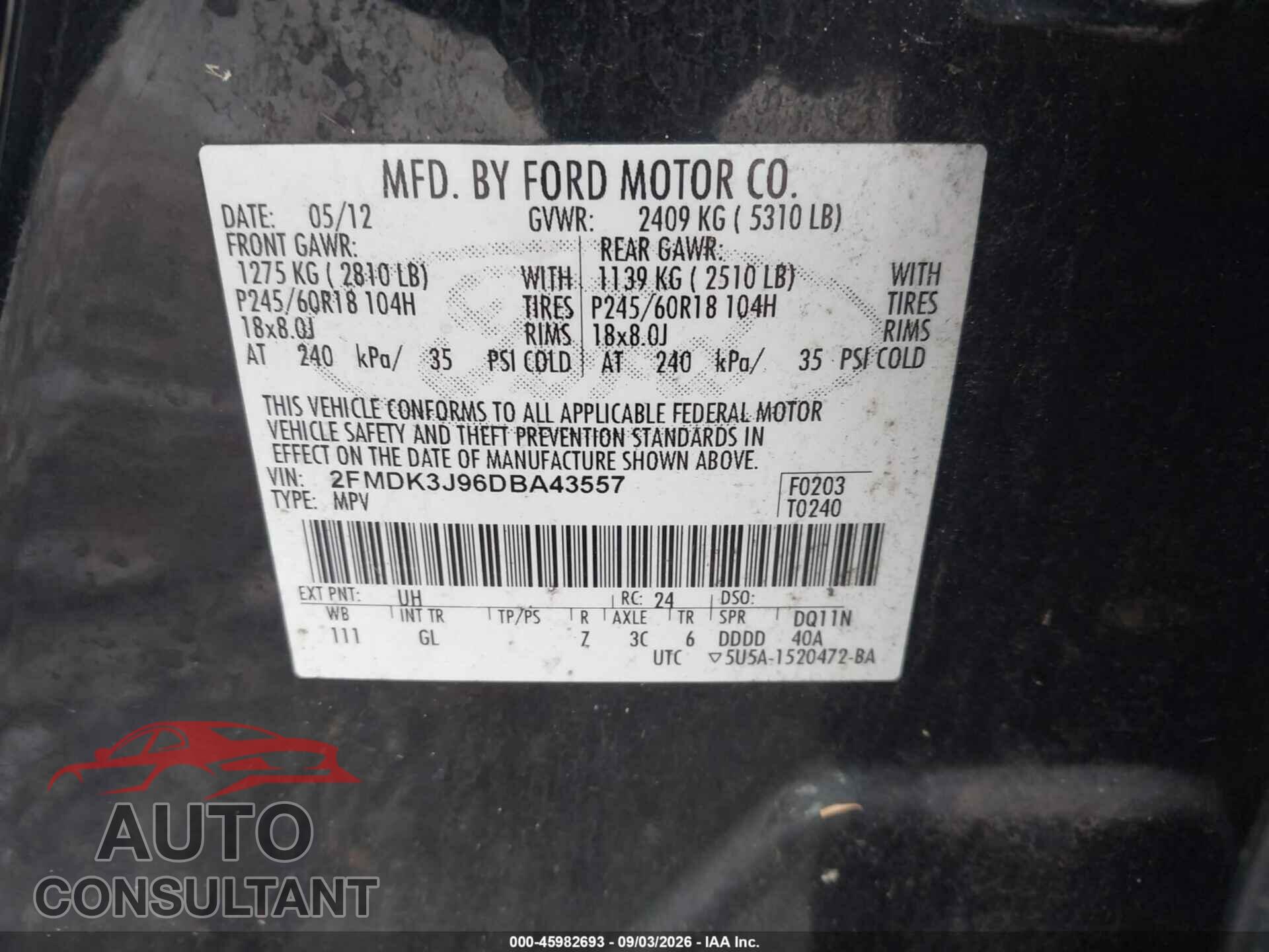 FORD EDGE 2013 - 2FMDK3J96DBA43557