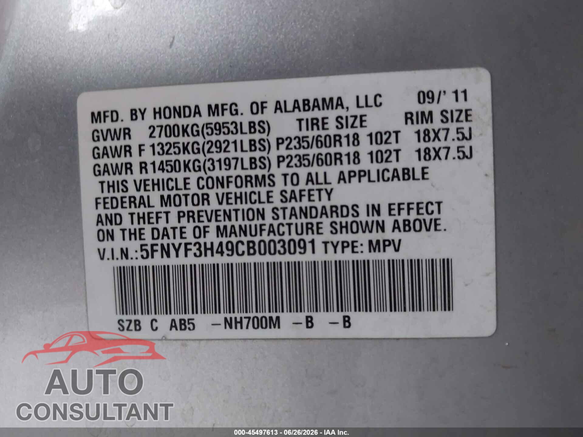 HONDA PILOT 2012 - 5FNYF3H49CB003091