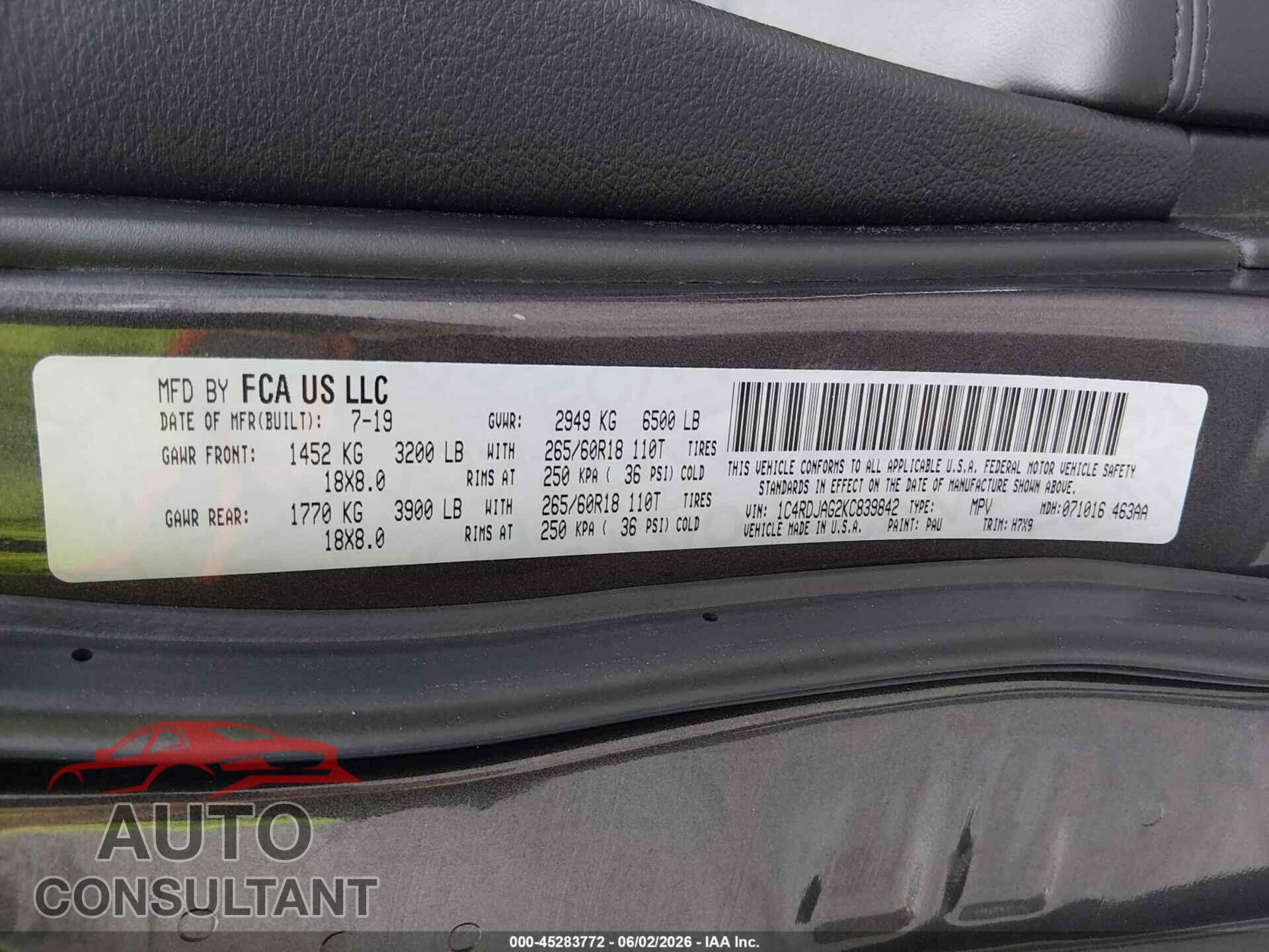 DODGE DURANGO 2019 - 1C4RDJAG2KC839842