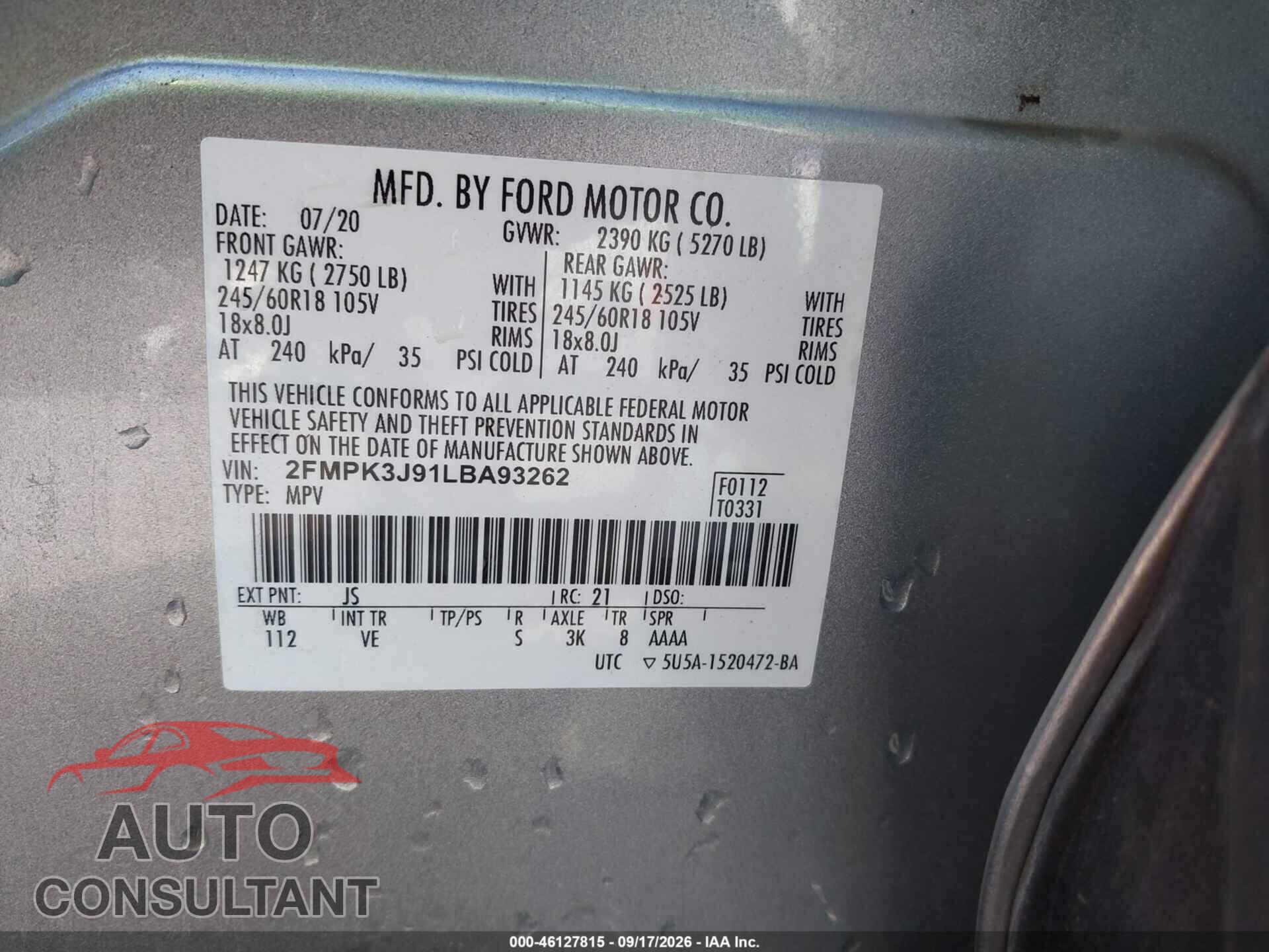 FORD EDGE 2020 - 2FMPK3J91LBA93262