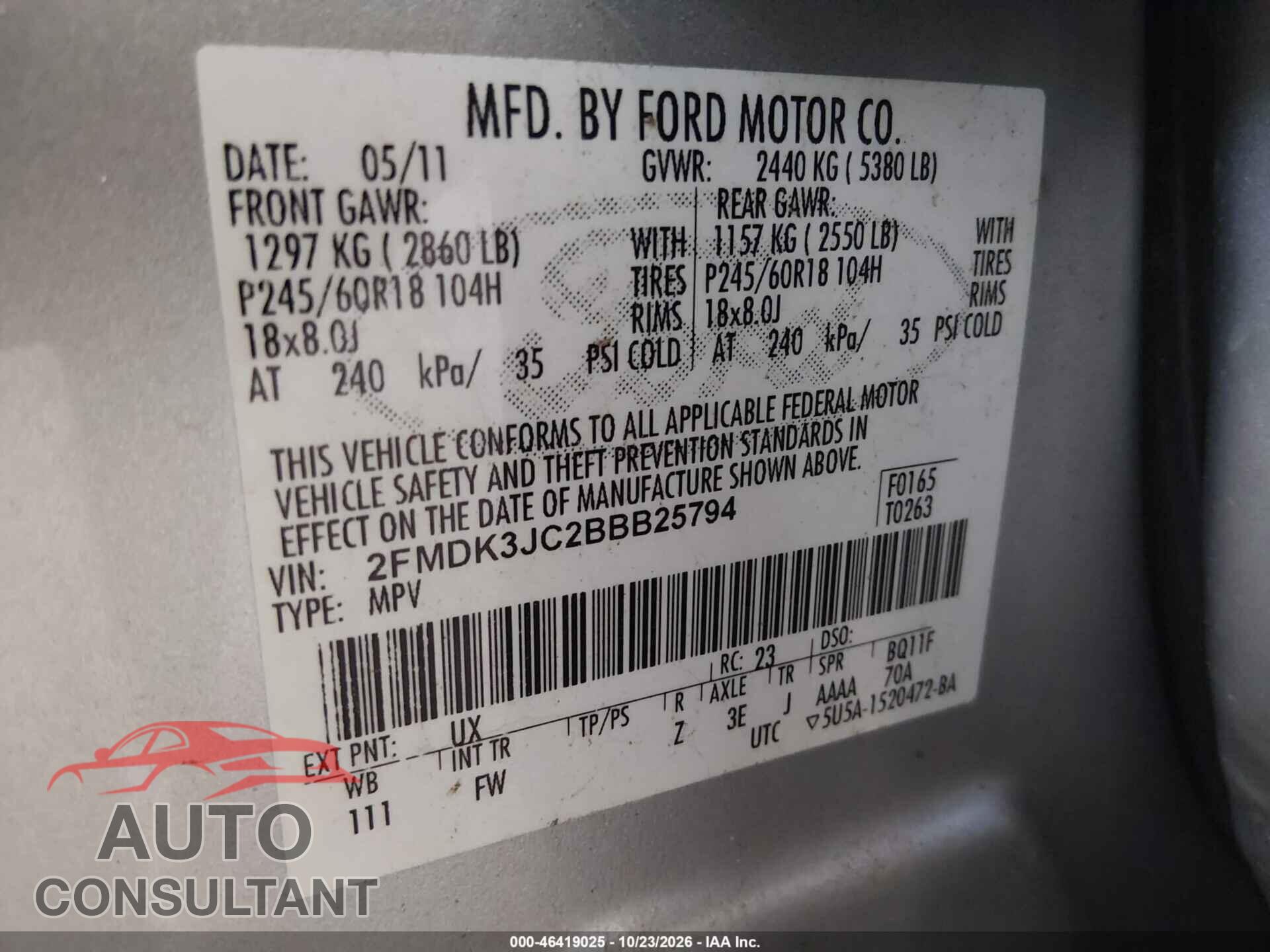 FORD EDGE 2011 - 2FMDK3JC2BBB25794