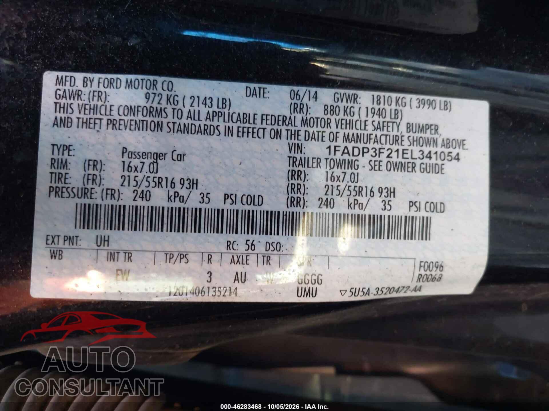 FORD FOCUS 2014 - 1FADP3F21EL341054