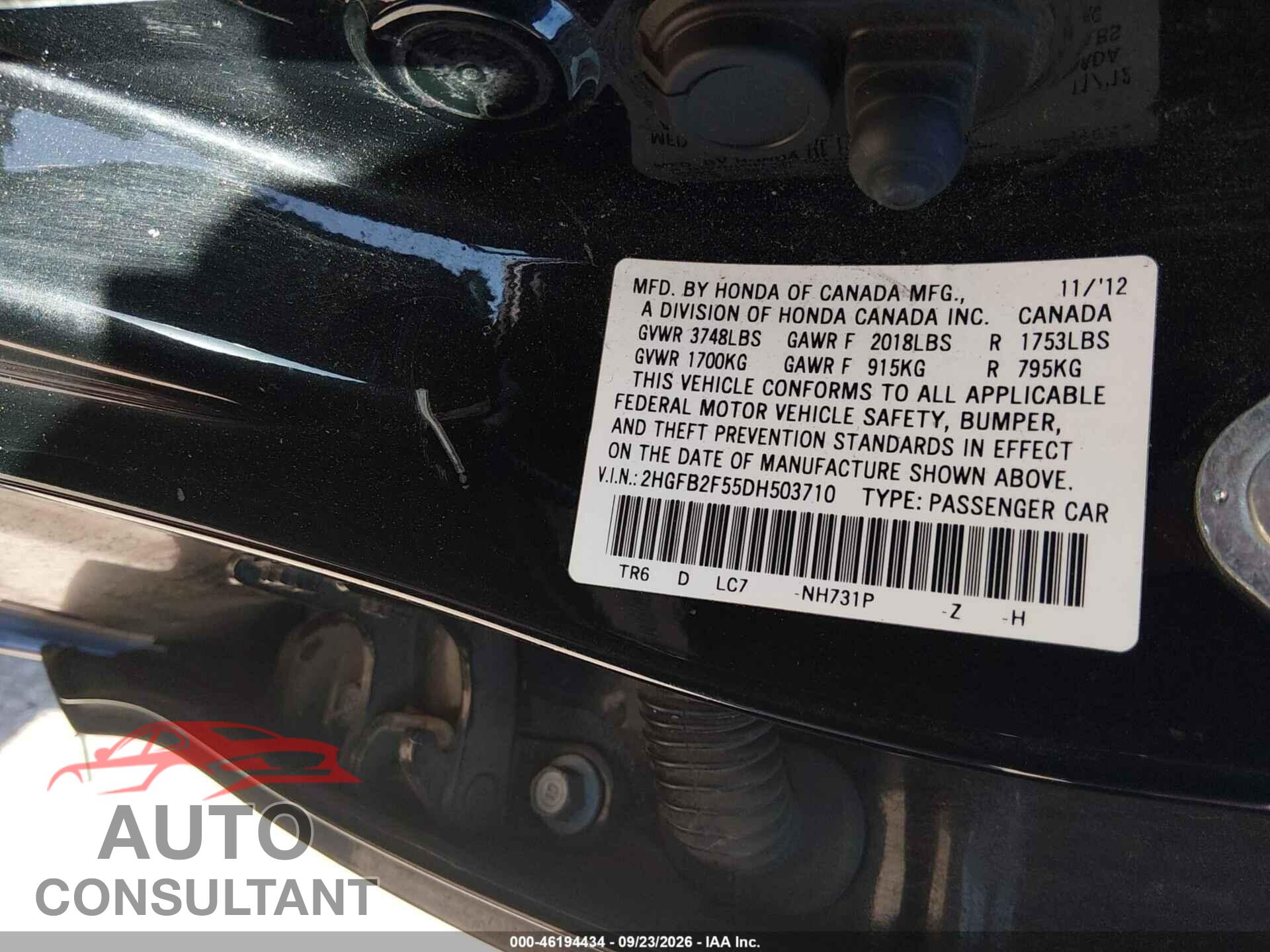 HONDA CIVIC SDN 2013 - 2HGFB2F55DH503710