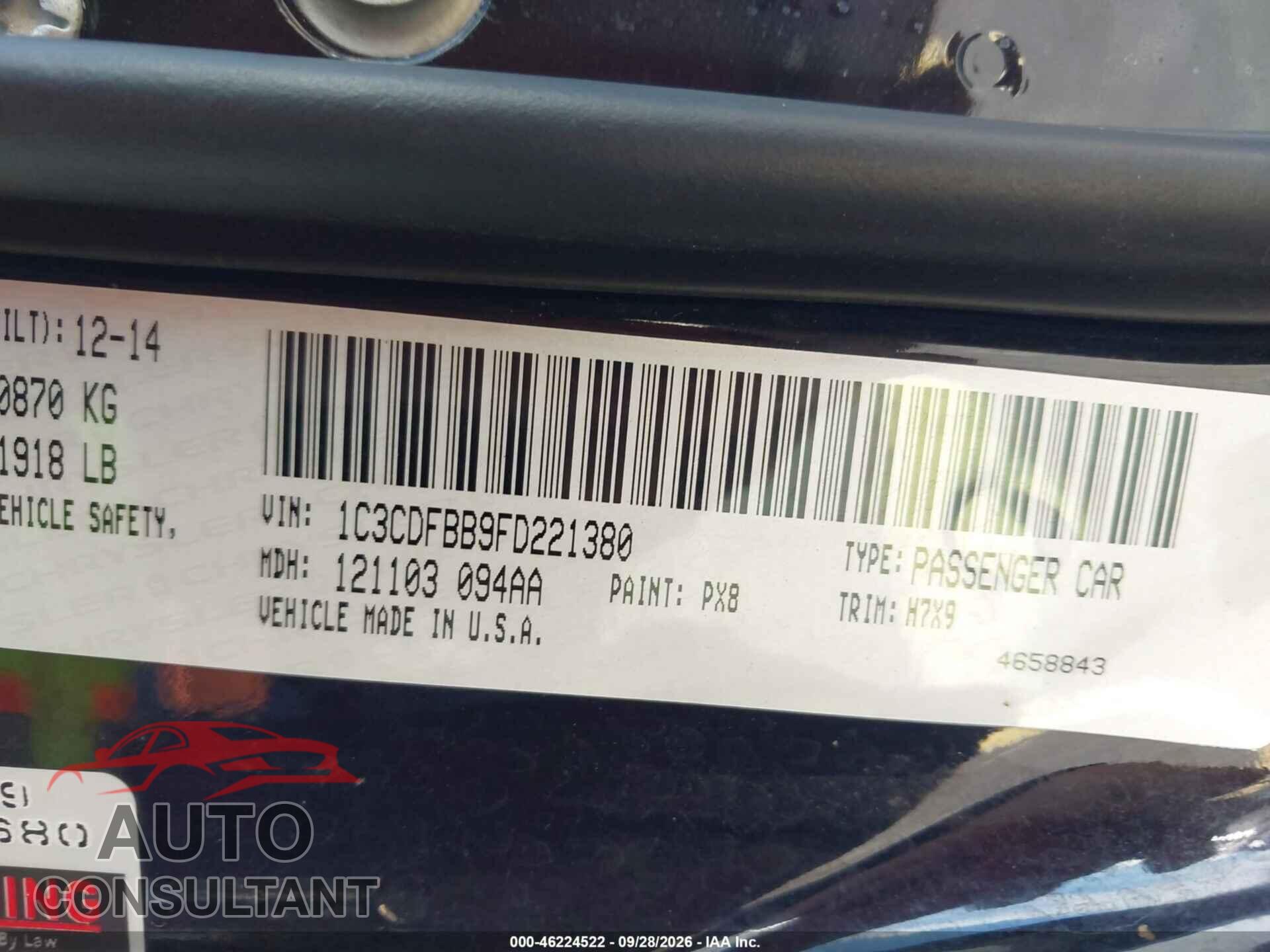DODGE DART 2015 - 1C3CDFBB9FD221380