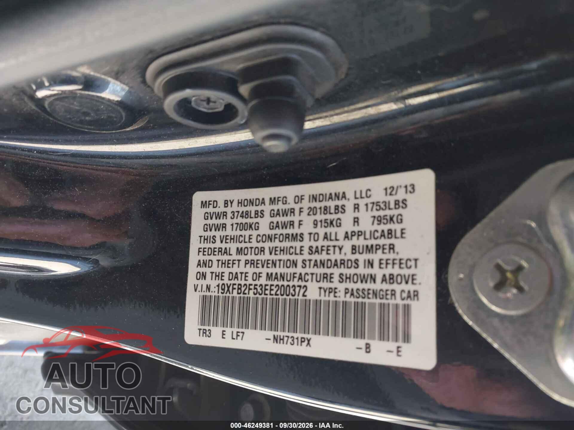 HONDA CIVIC 2014 - 19XFB2F53EE200372