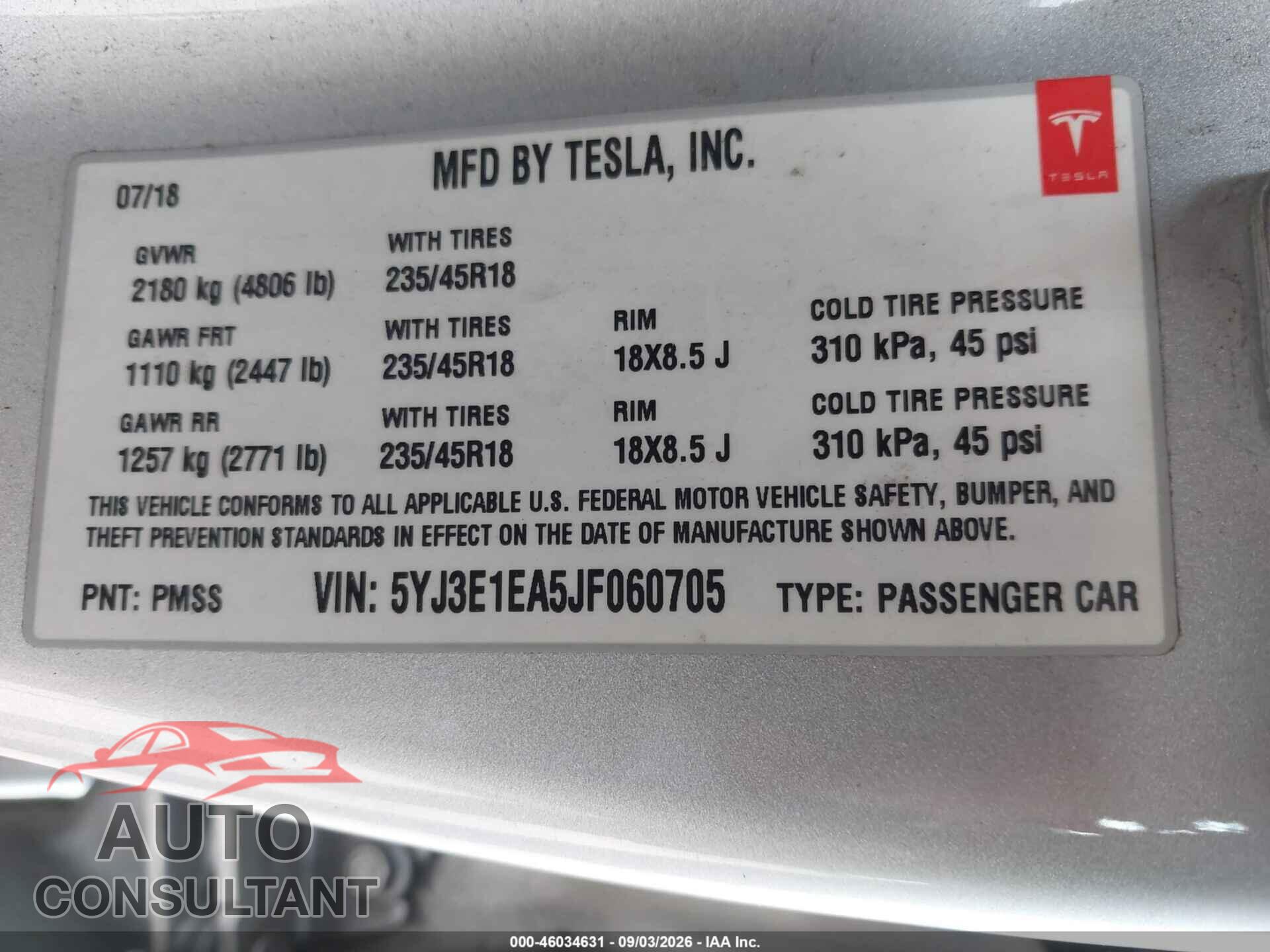 TESLA MODEL 3 2018 - 5YJ3E1EA5JF060705