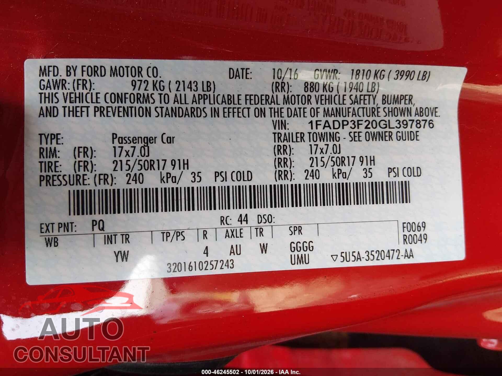 FORD FOCUS 2016 - 1FADP3F20GL397876