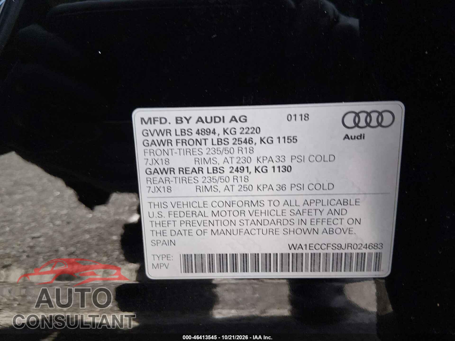 AUDI Q3 2018 - WA1ECCFS9JR024683