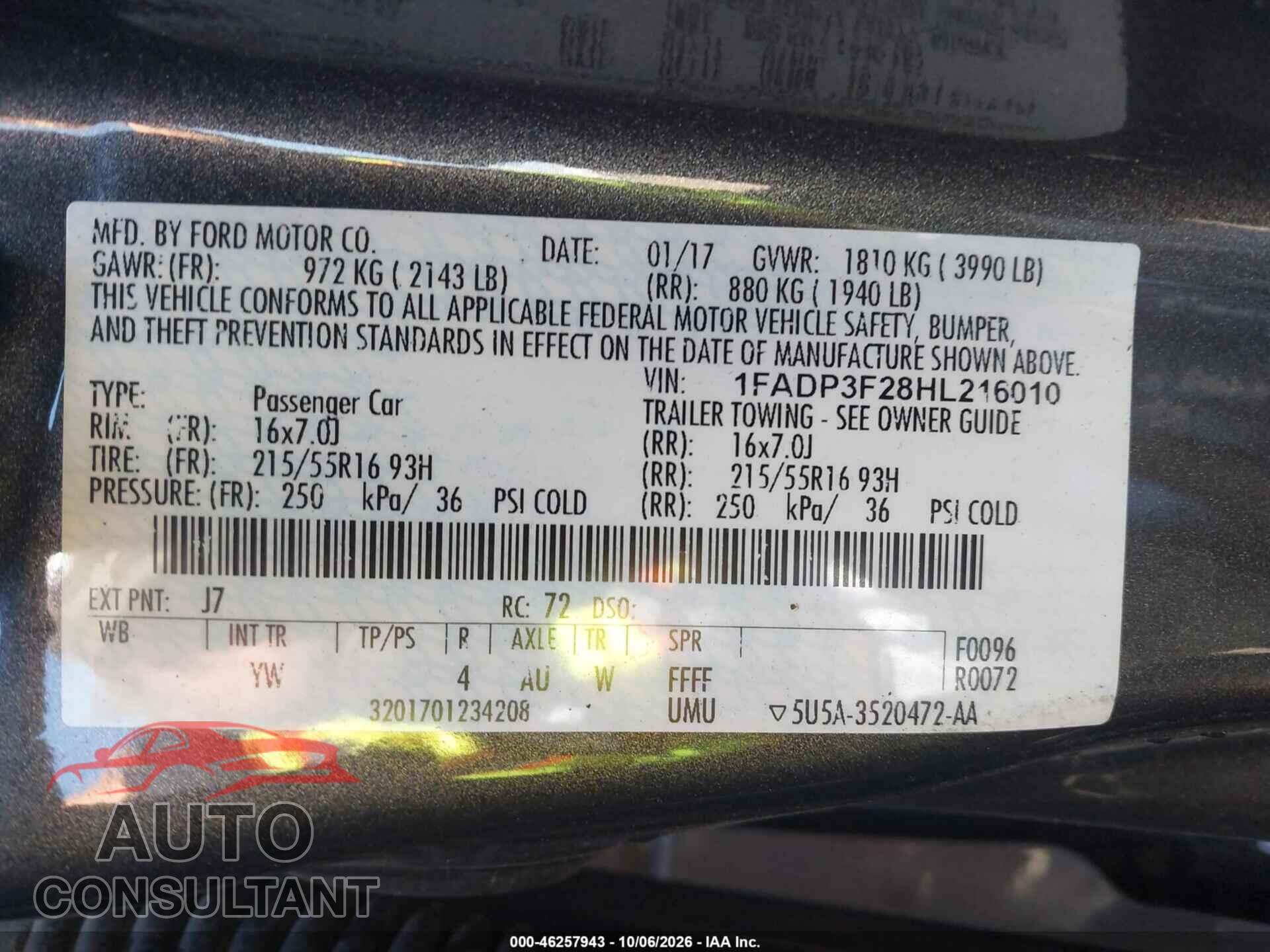 FORD FOCUS 2017 - 1FADP3F28HL216010