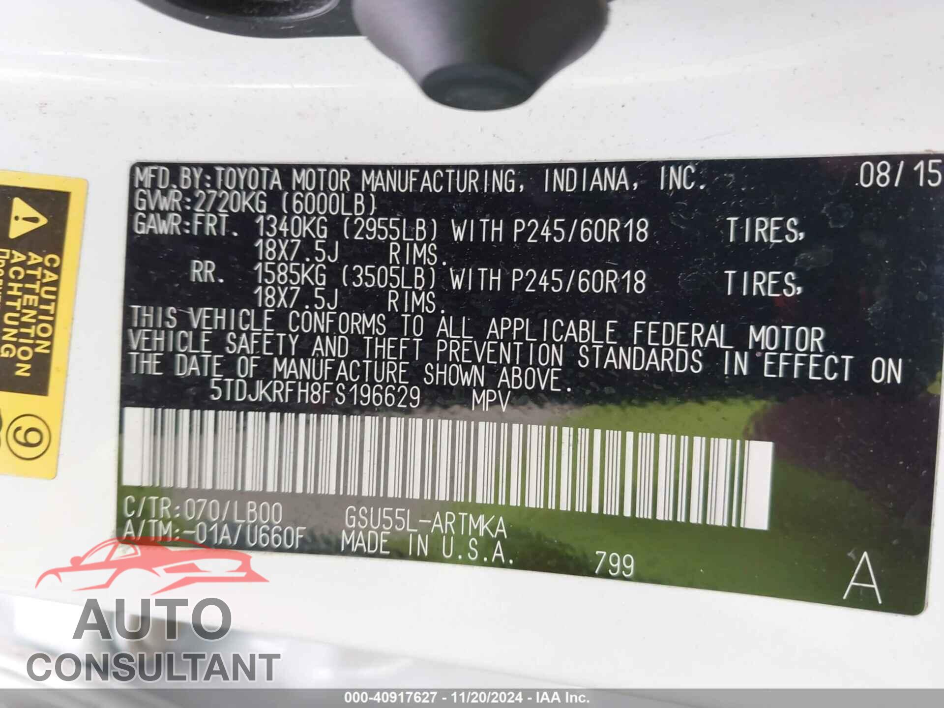 TOYOTA HIGHLANDER 2015 - 5TDJKRFH8FS196629