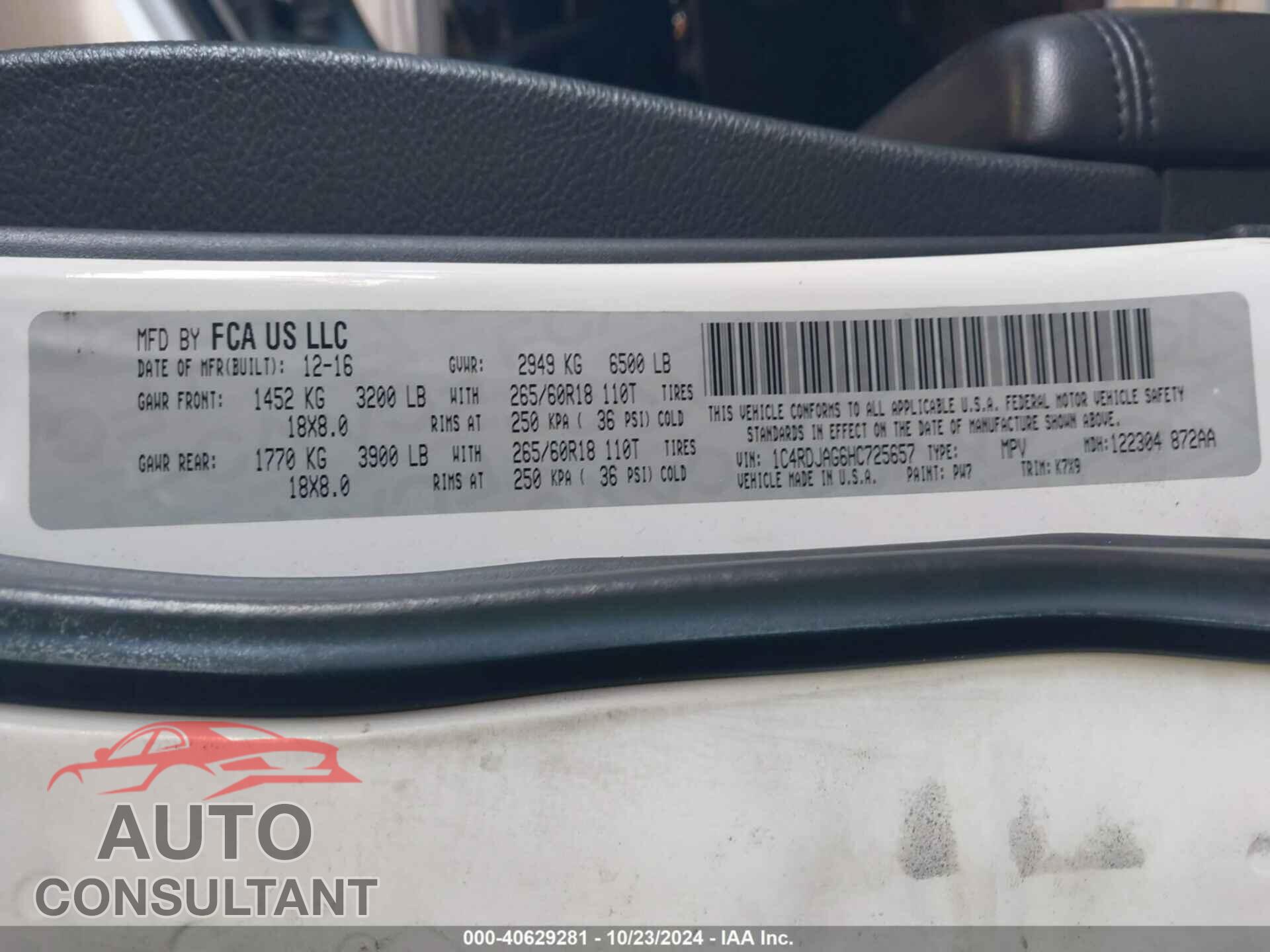 DODGE DURANGO 2017 - 1C4RDJAG6HC725657