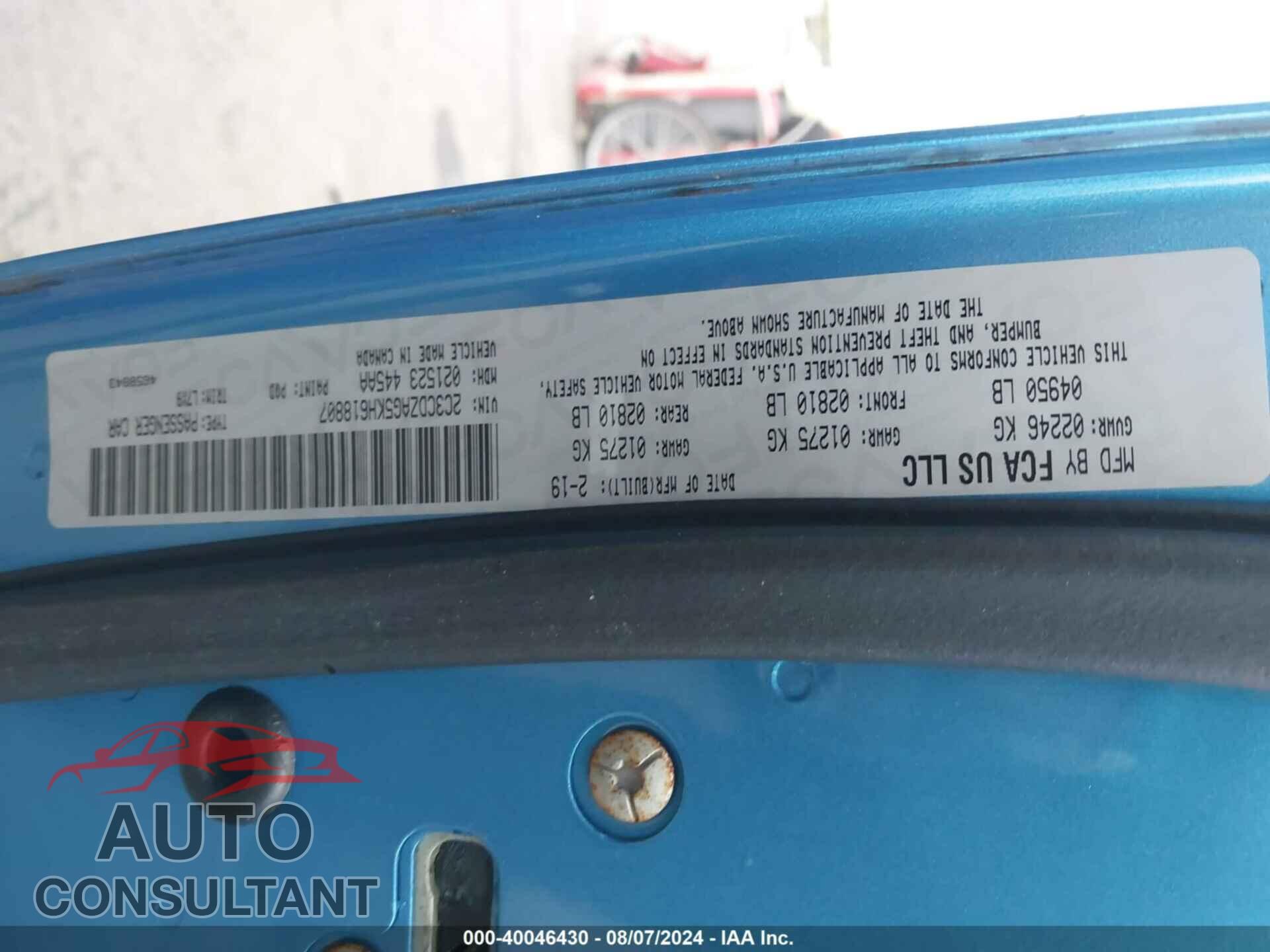 DODGE CHALLENGER 2019 - 2C3CDZAG5KH618807