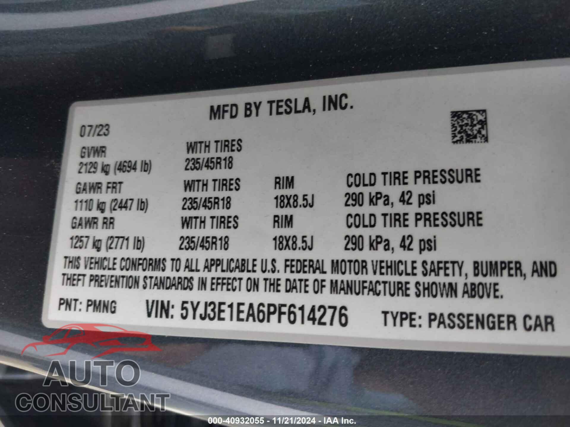 TESLA MODEL 3 2023 - 5YJ3E1EA6PF614276