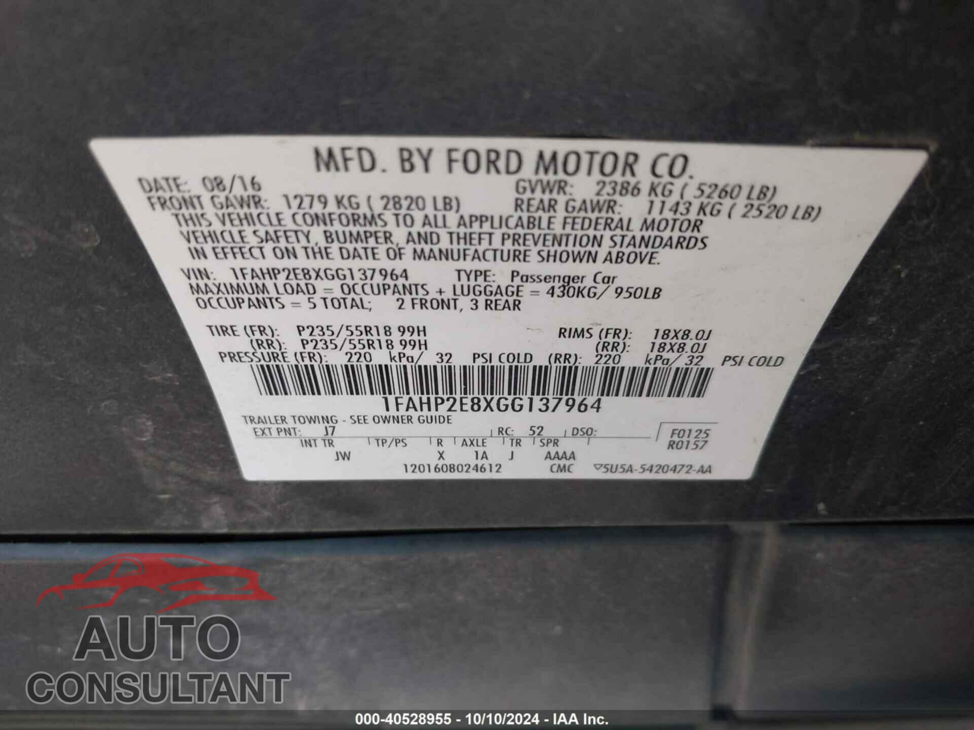 FORD TAURUS 2016 - 1FAHP2E8XGG137964