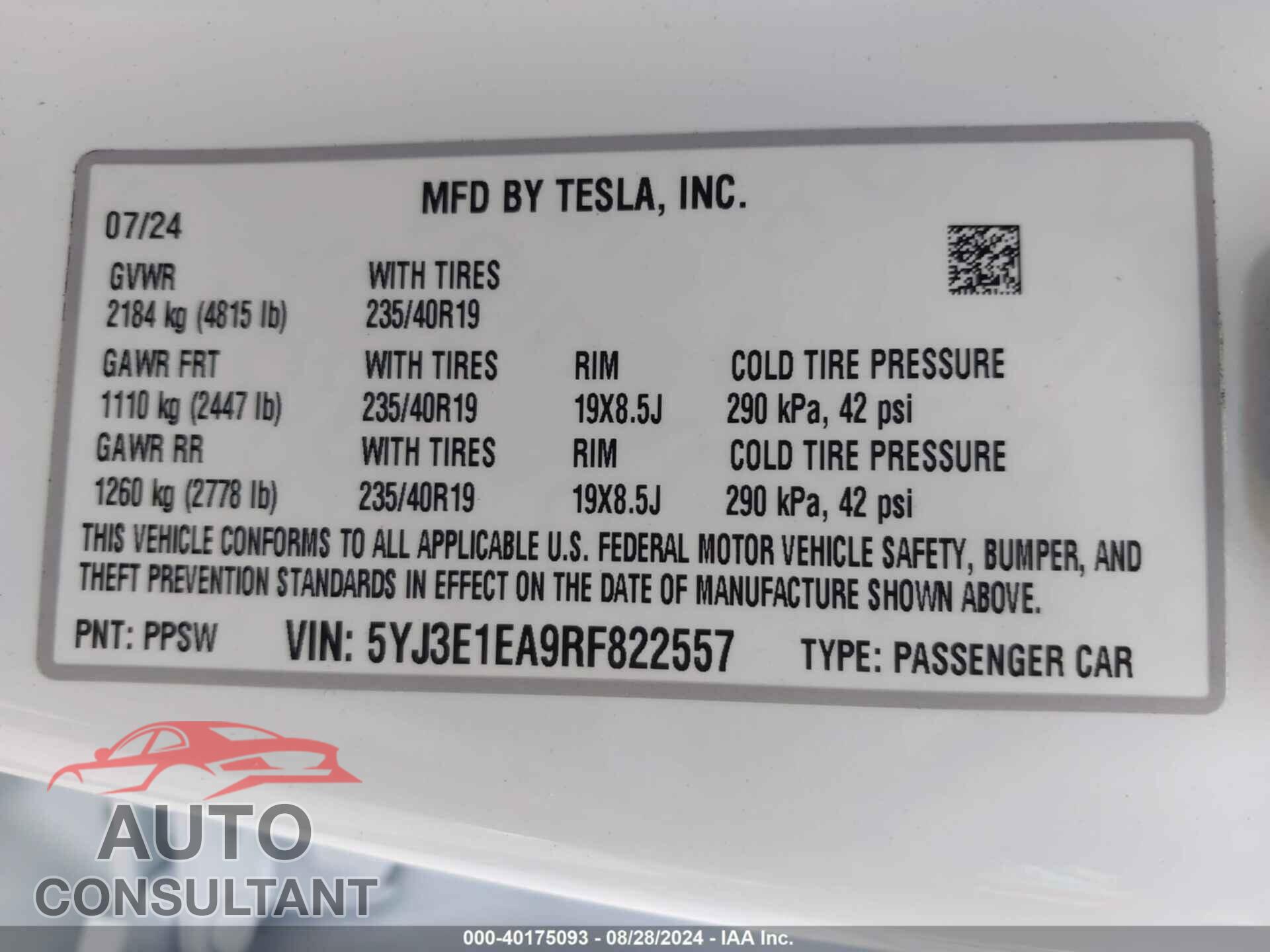 TESLA MODEL 3 2024 - 5YJ3E1EA9RF822557