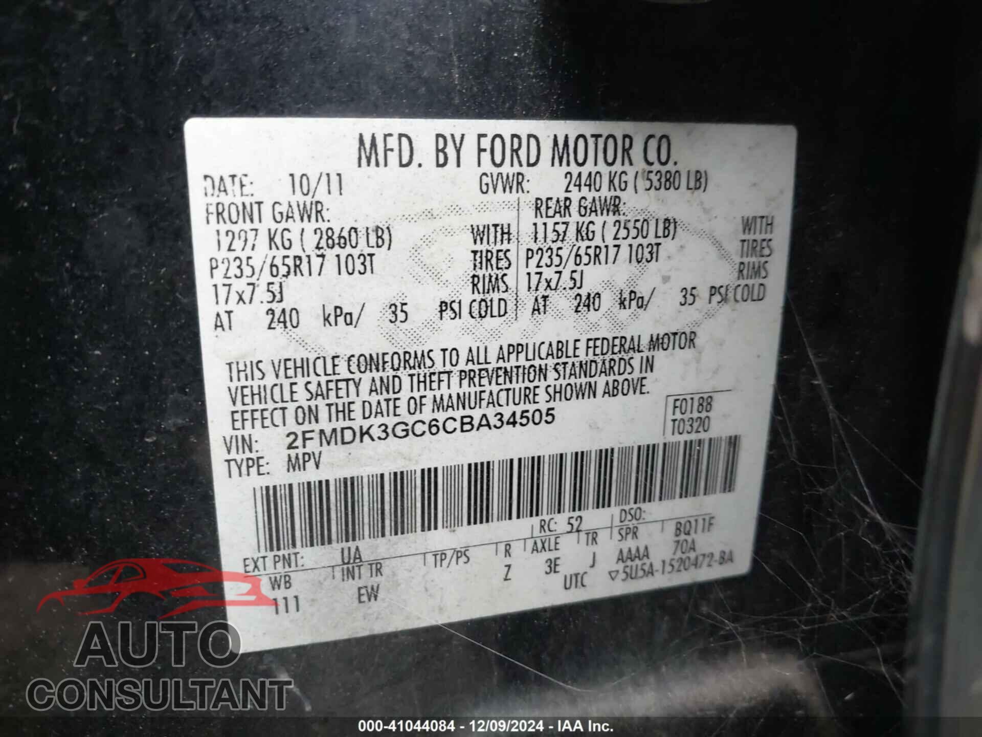 FORD EDGE 2012 - 2FMDK3GC6CBA34505