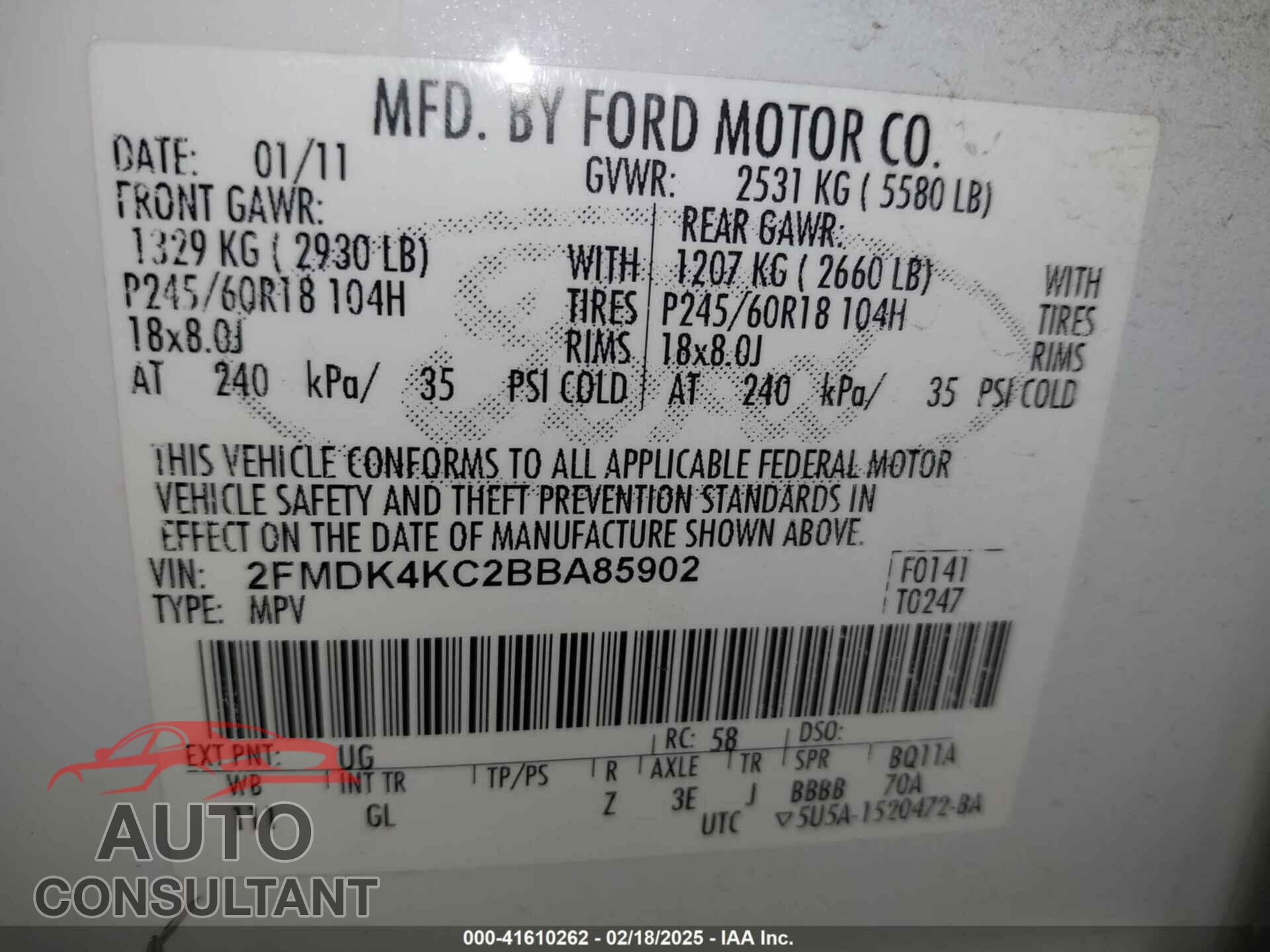 FORD EDGE 2011 - 2FMDK4KC2BBA85902