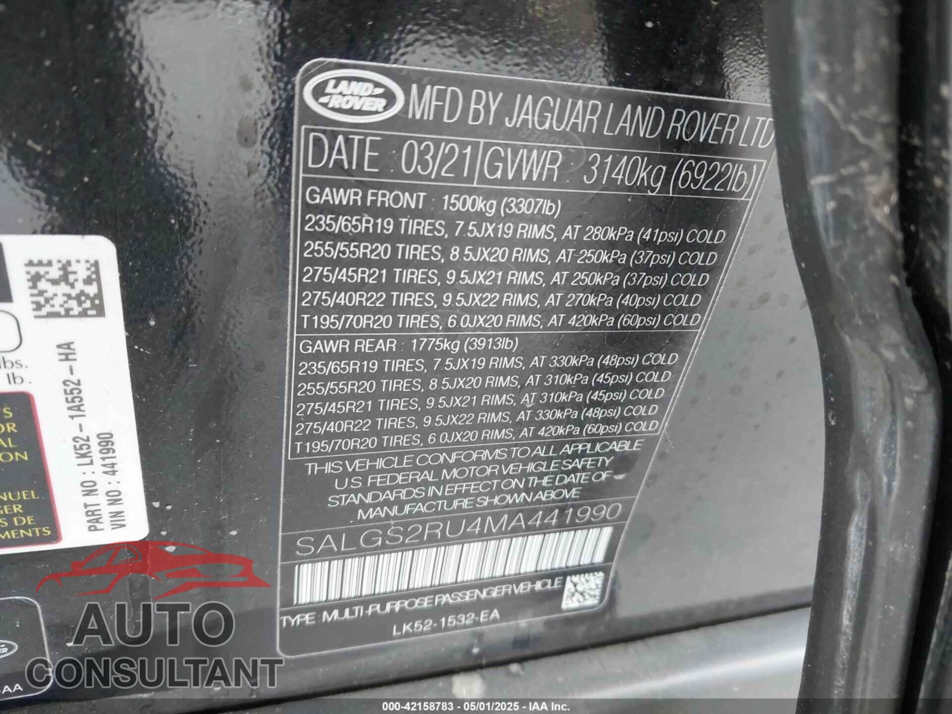 LAND ROVER RANGE ROVER 2021 - SALGS2RU4MA441990